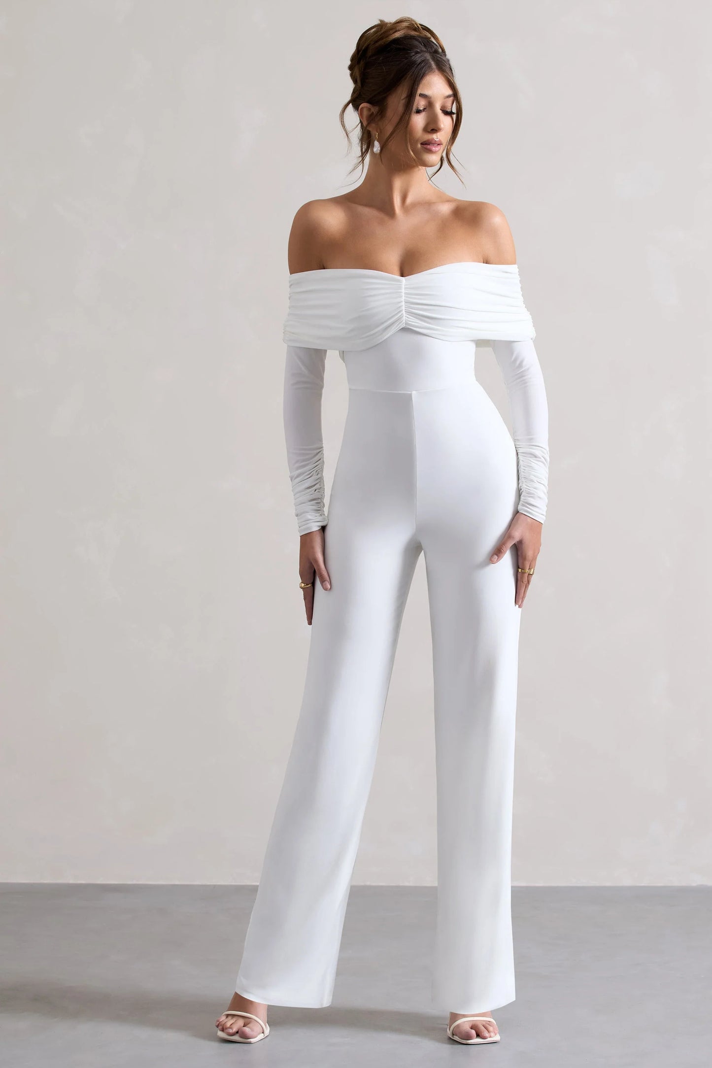 Jules | White Bardot Long-Sleeve Straight-Leg Jumpsuit