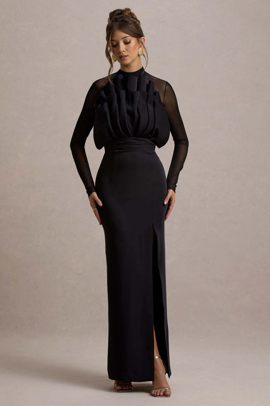 Alder | Black Mesh Long-Sleeve Ruffled Split Maxi Dress