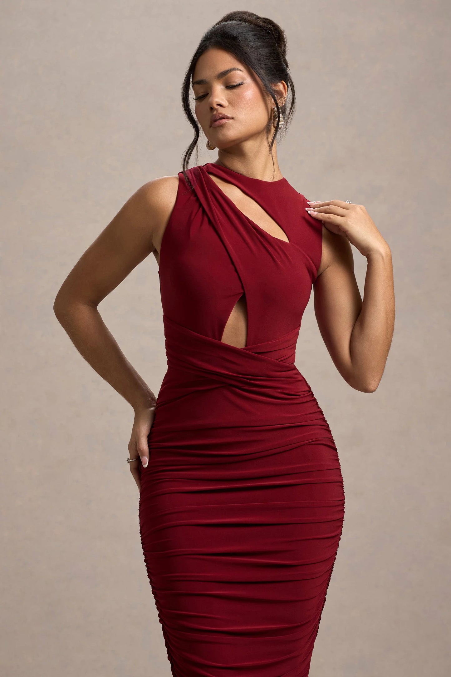 Aire | Wine Cut-Out Ruched Maxi Dress