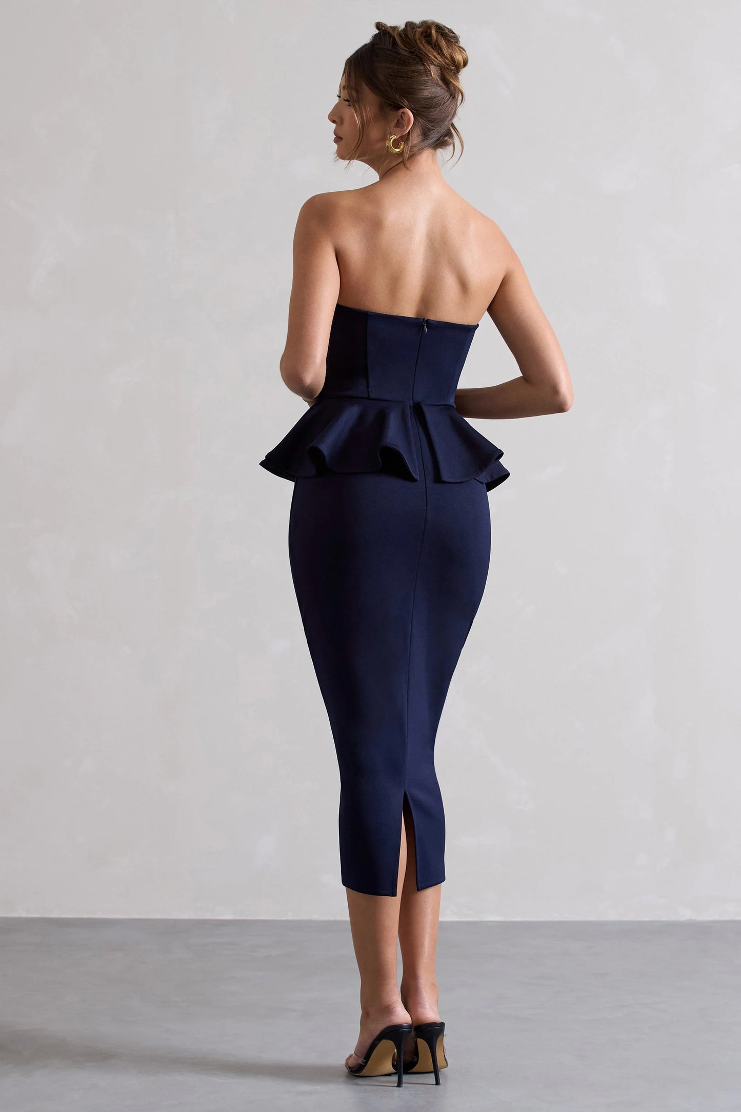 Chicago | Navy Bodycon Bandeau Midi Dress With Peplum Detail