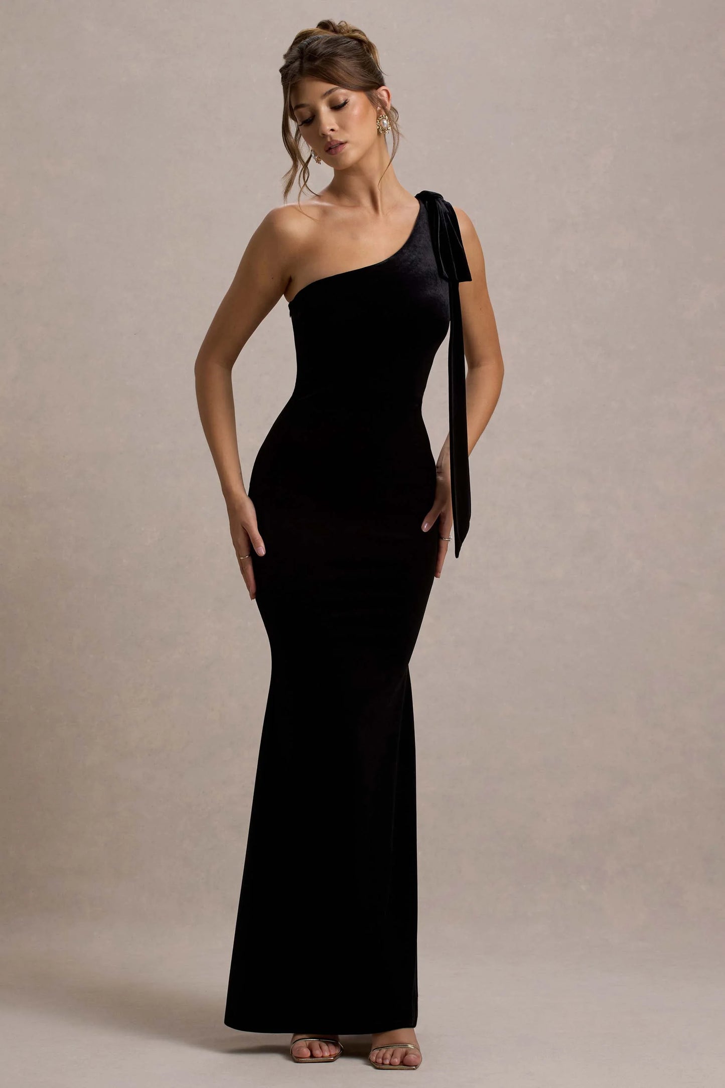 Jillian | Black Velvet Asymmetric Maxi Dress With Bow Strap