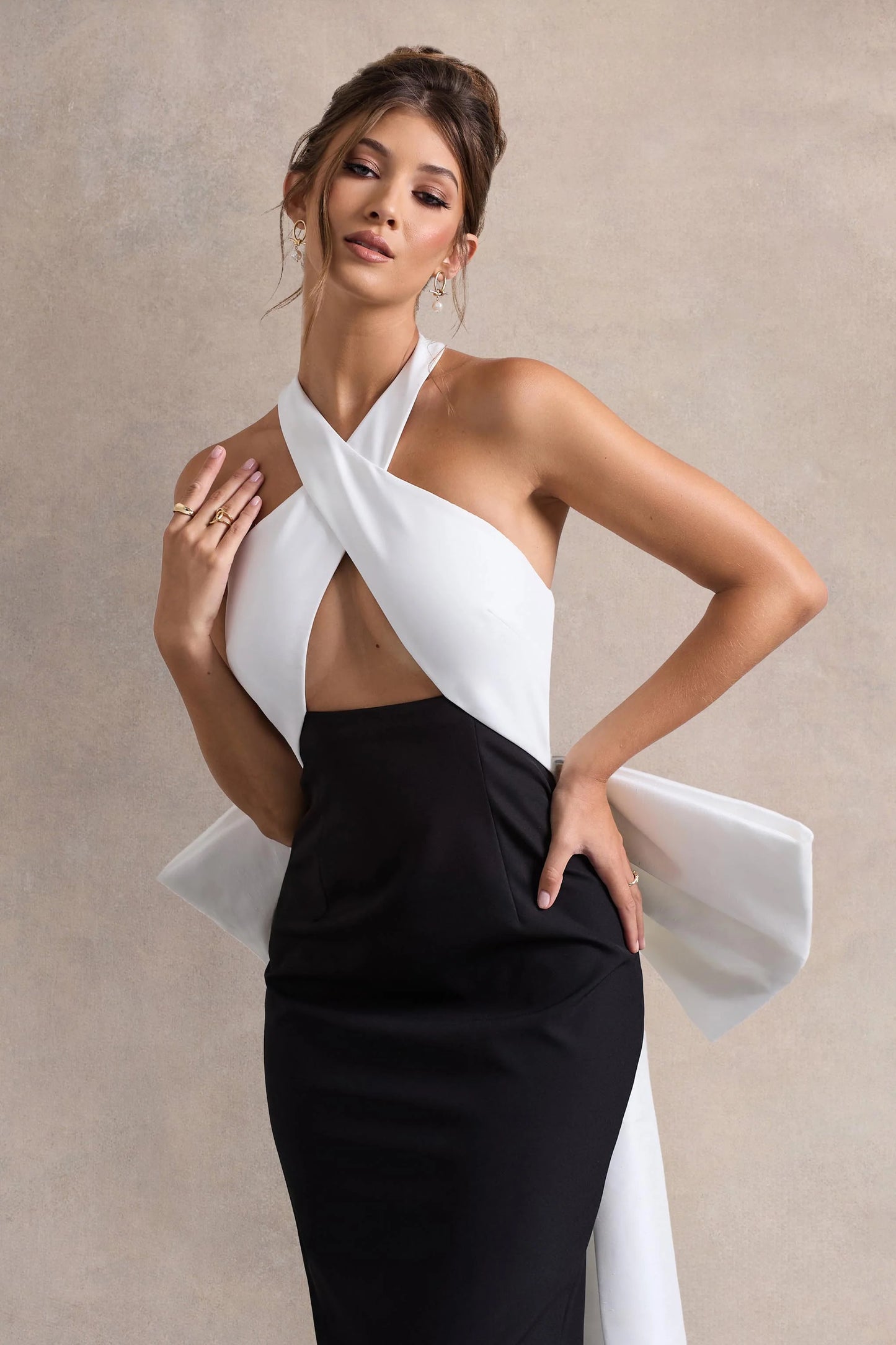 Blanca | Black & White Halter-Neck Cut-Out Midi Dress With Oversized Bow