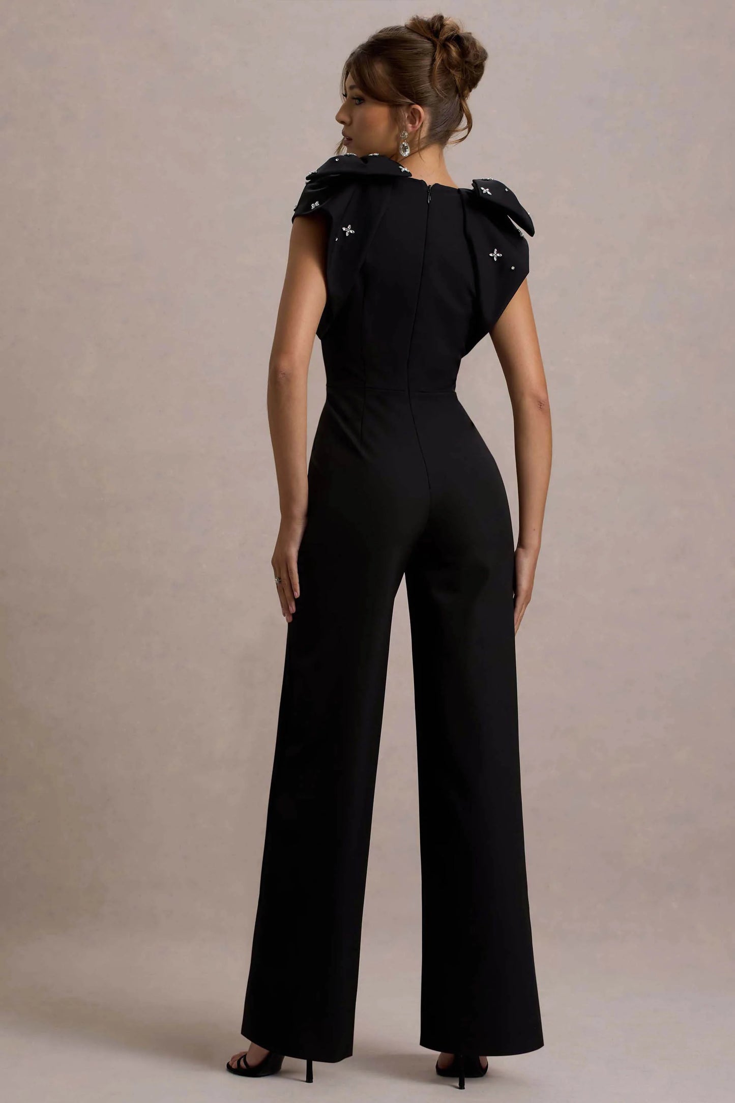 Elma | Black Straight-Leg Jumpsuit With Embellished Bows