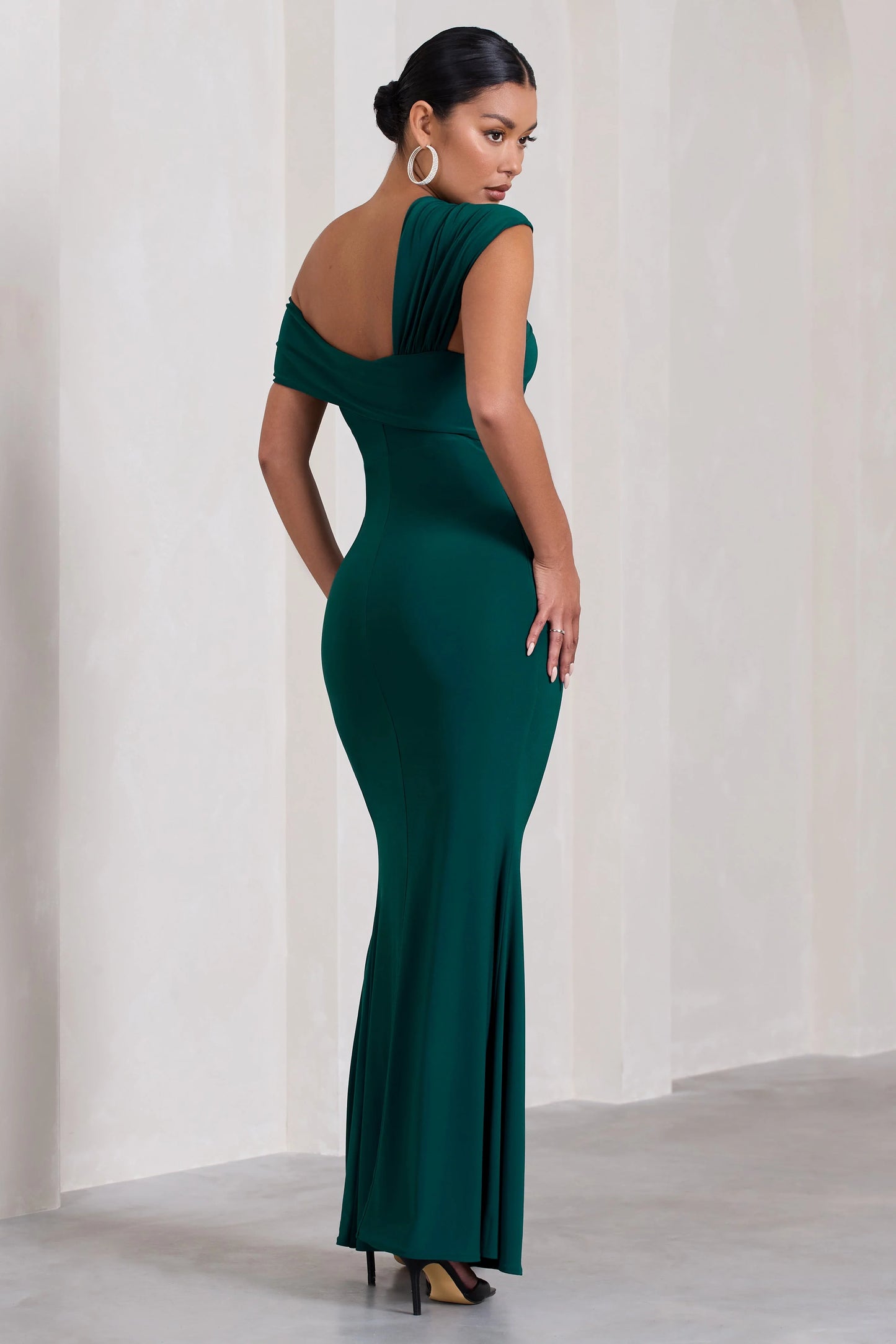 Kara | Bottle Green Asymmetric Twisted Bardot Split Maternity Maxi Dress