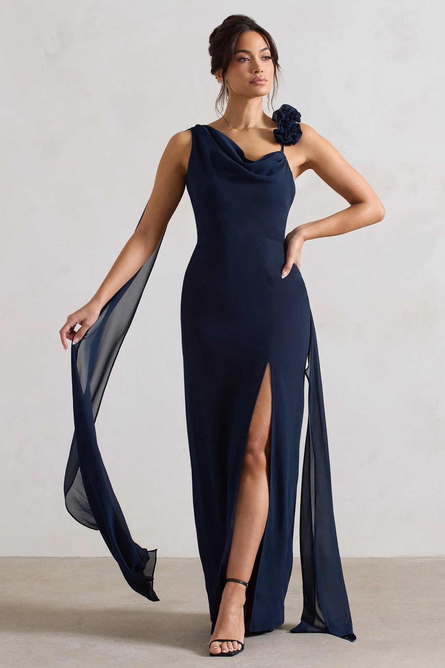 Angeline | Navy Chiffon Draped Split Maxi Dress With Corsages