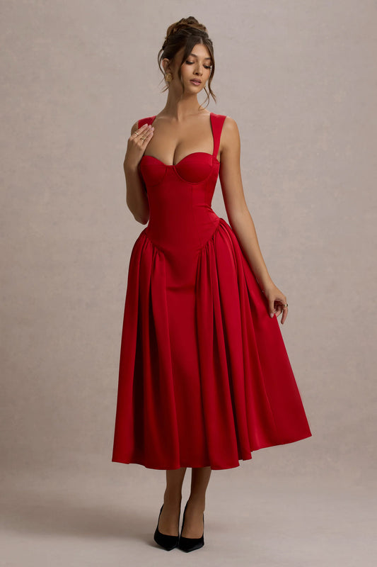 Covia | Red Satin Sweetheart Midi Dress