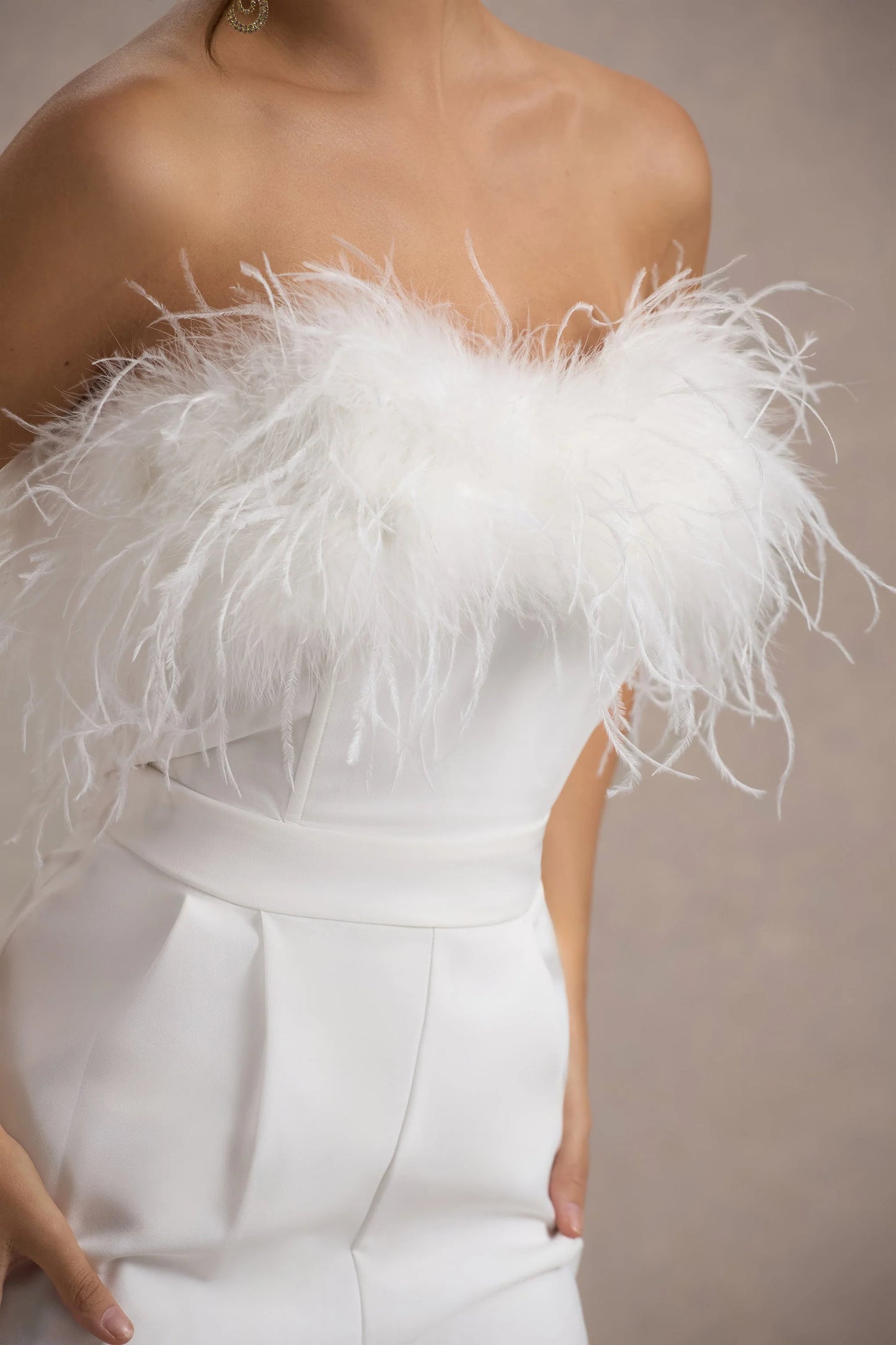 First Class | White Bandeau Feather Wide Leg Jumpsuit