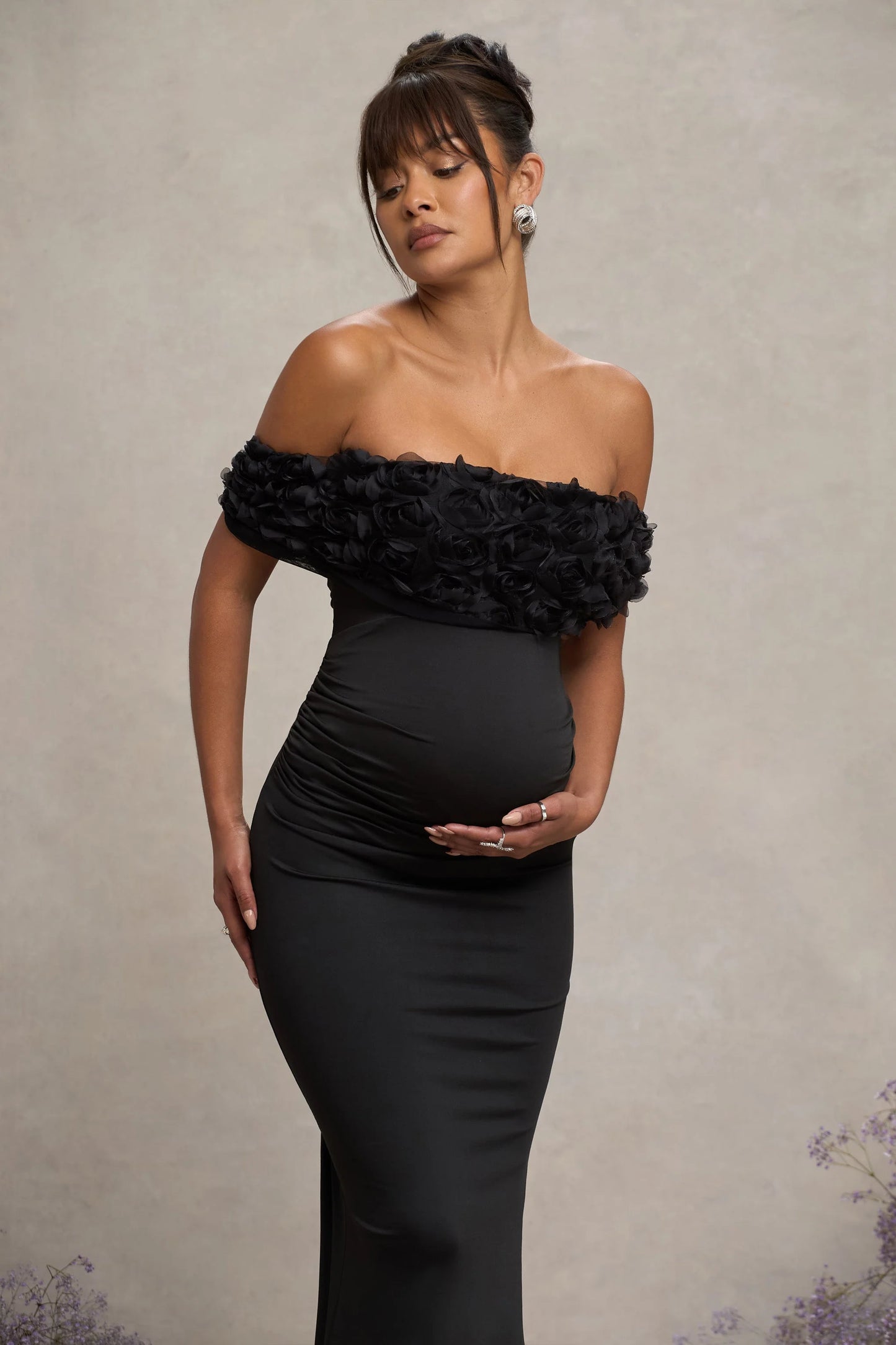 Inflorescence | Black Mesh Floral Bardot Maternity Maxi Dress