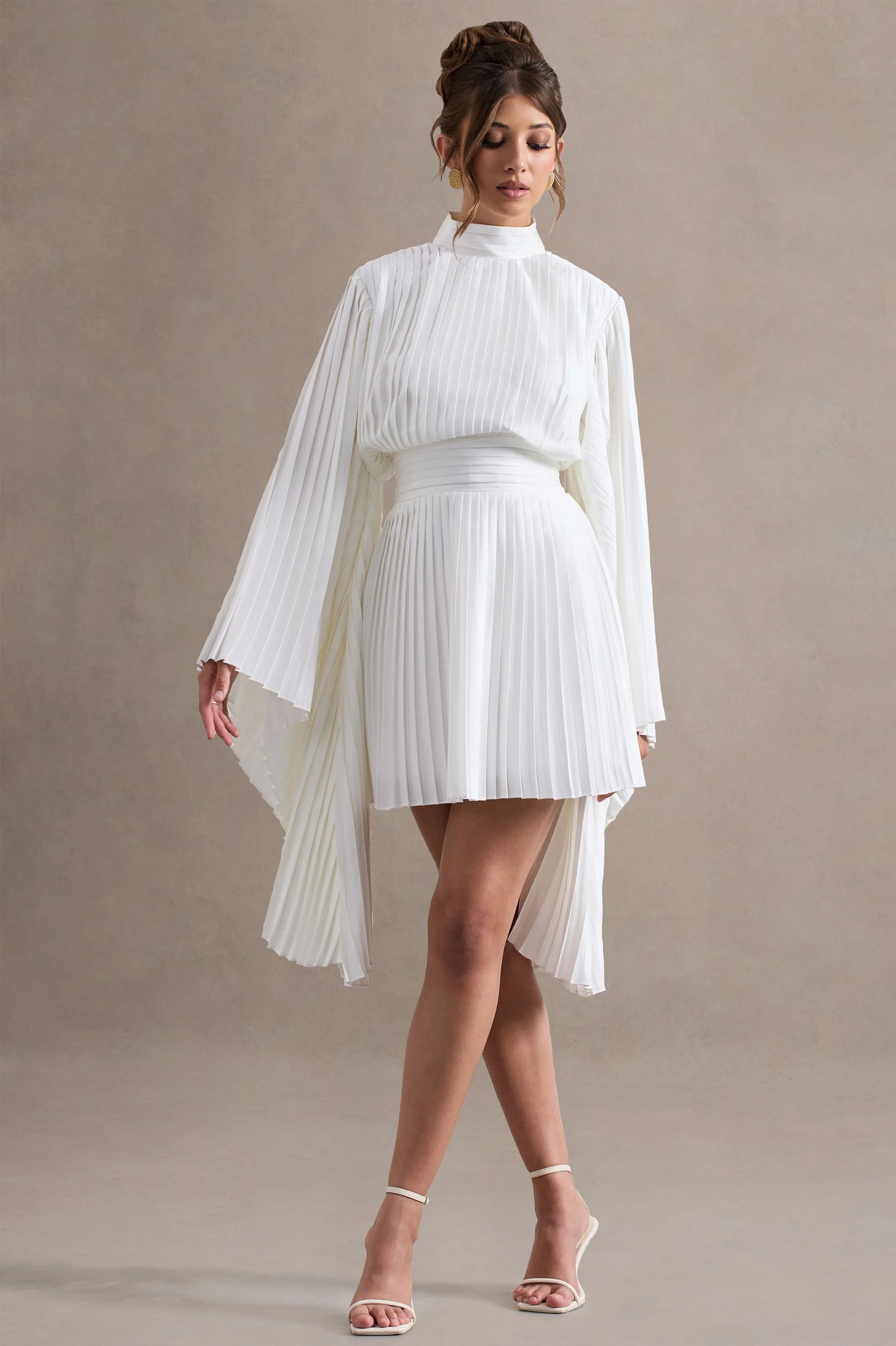 Charity | White Pleated High-Neck Mini Dress With Cape Sleeves