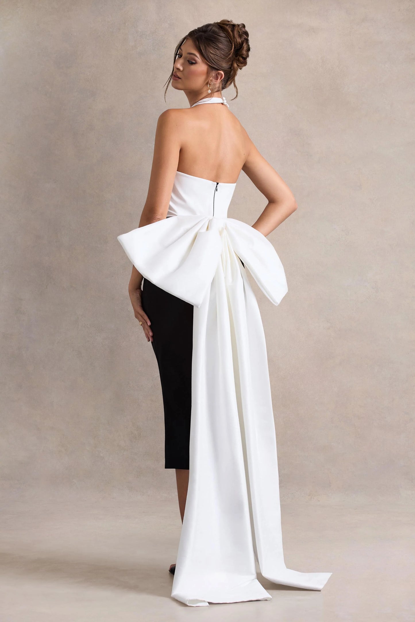 Blanca | Black & White Halter-Neck Cut-Out Midi Dress With Oversized Bow