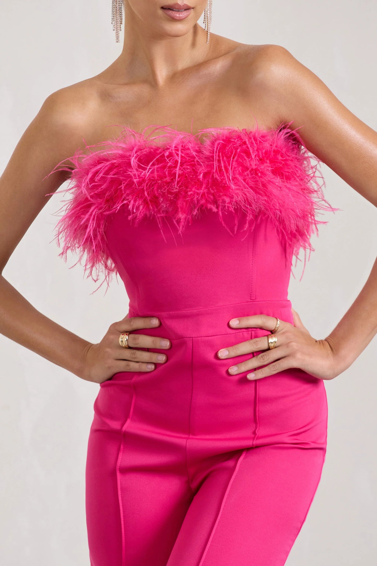 First Class | Hot Pink Bandeau Feather Wide Leg Jumpsuit