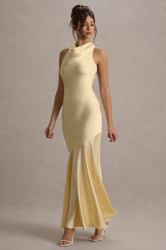 Amelita | Lemon Satin Cowl-Neck Maxi Dress