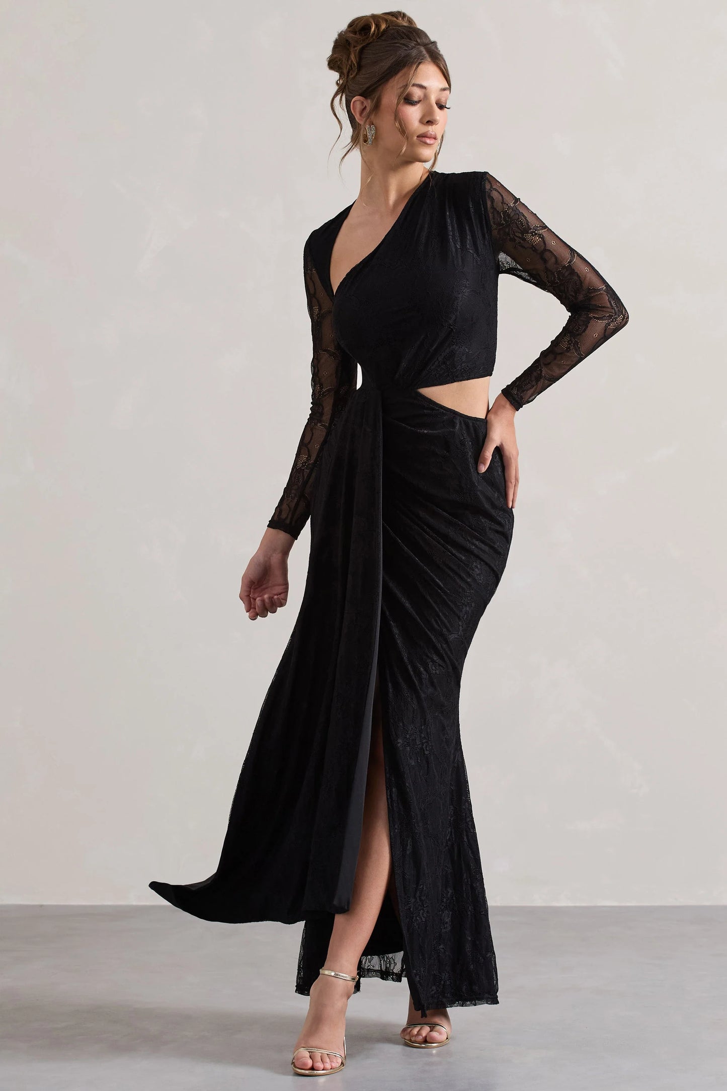 Chantilly | Black Lace Asymmetric Cut-Out Draped Maxi Dress