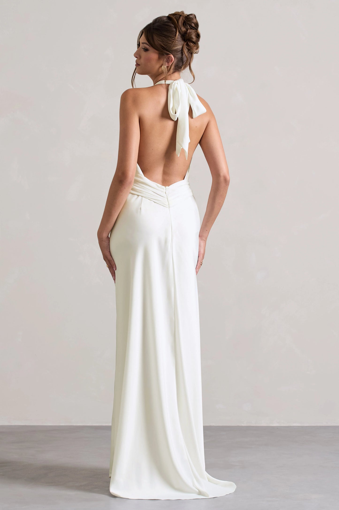 Carolyn | Ivory Satin Plunge Maxi Dress With Dipped Hem