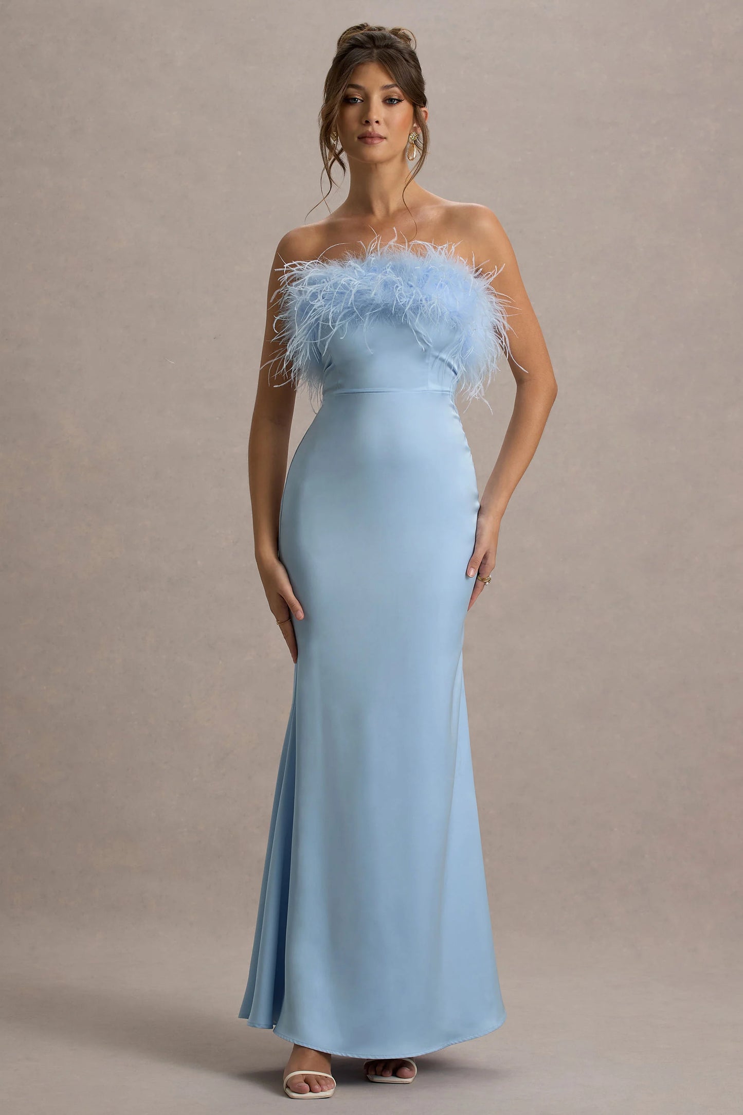 Dress For It | Powder Blue Satin Feather Trim Bandeau Maxi Dress