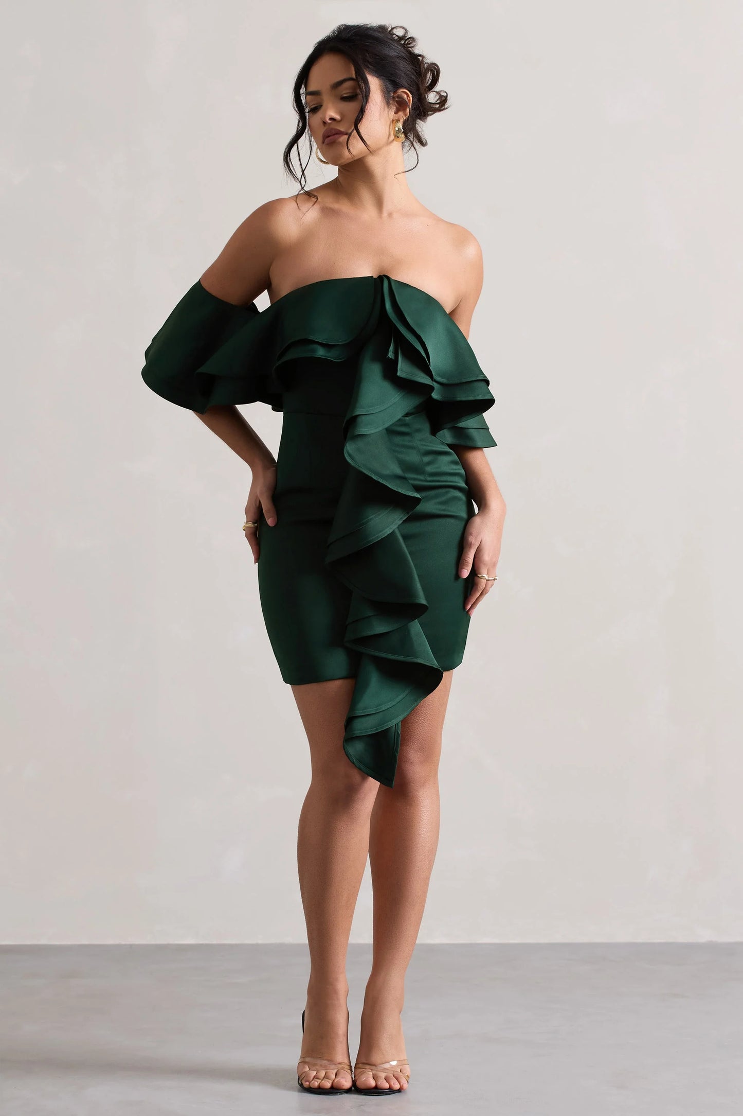 Aspen | Bottle Green Bardot Mini Dress With Ruffles