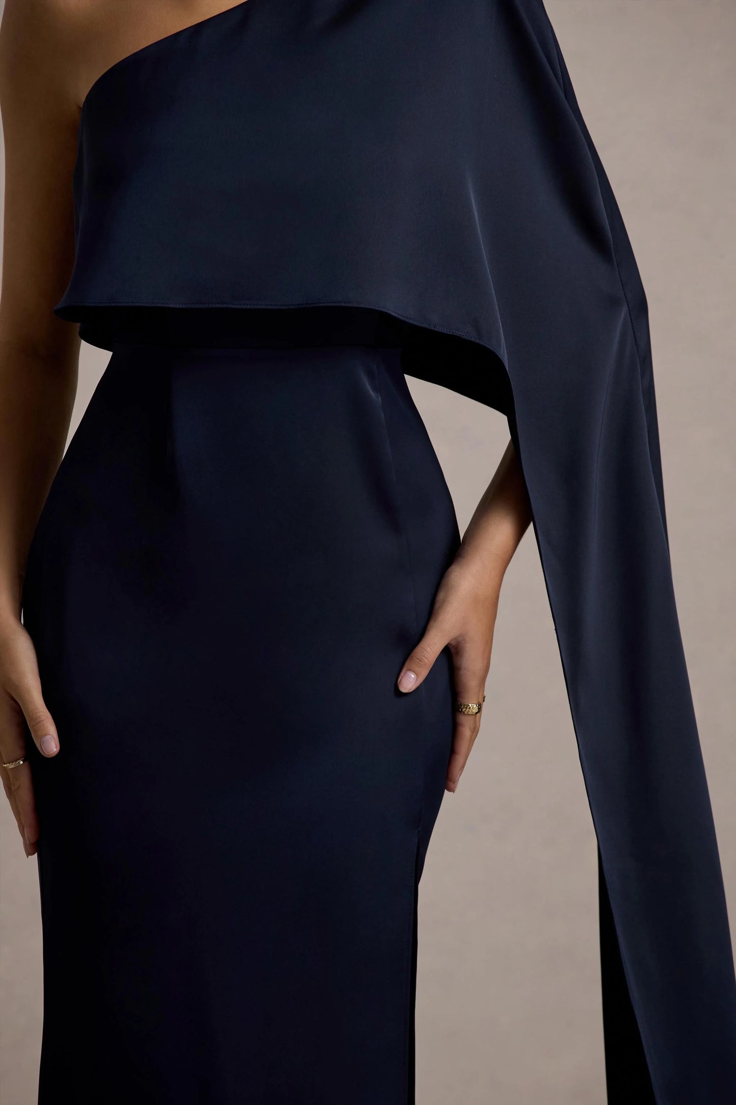 Amora | Navy Satin Asymmetric Cape-Sleeve Split Maxi Dress