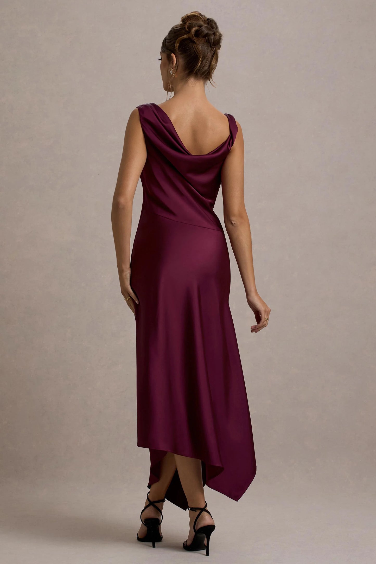 Donelli | Plum Satin Asymmetric Midi Dress