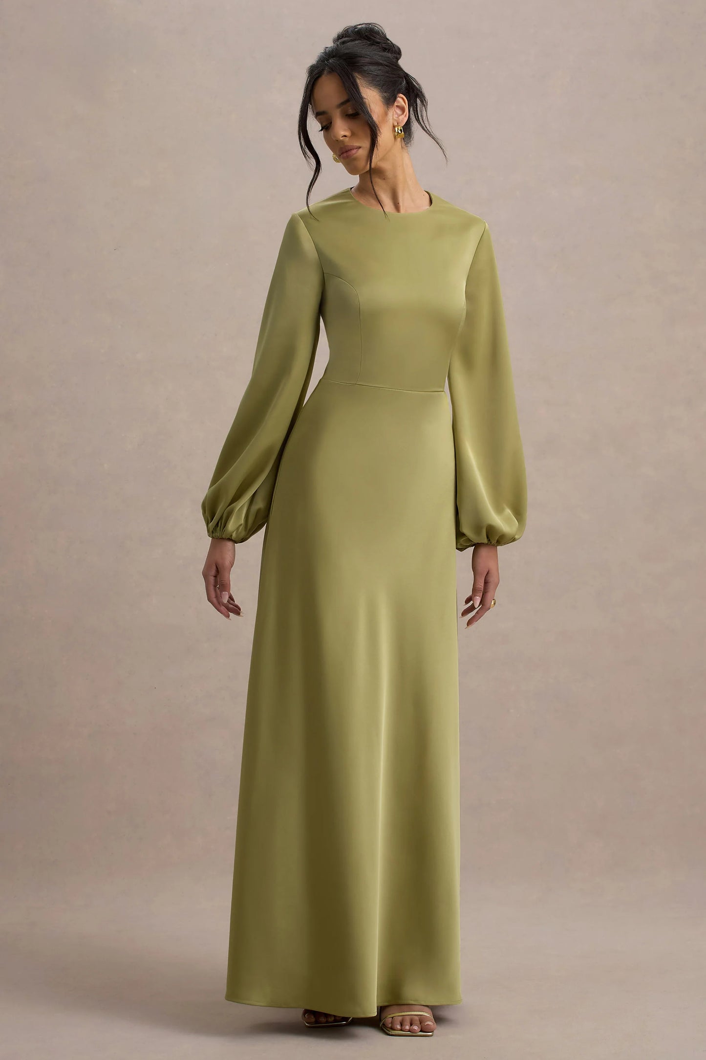 Crawley | Light Green Satin Puff-Sleeve Maxi Dress