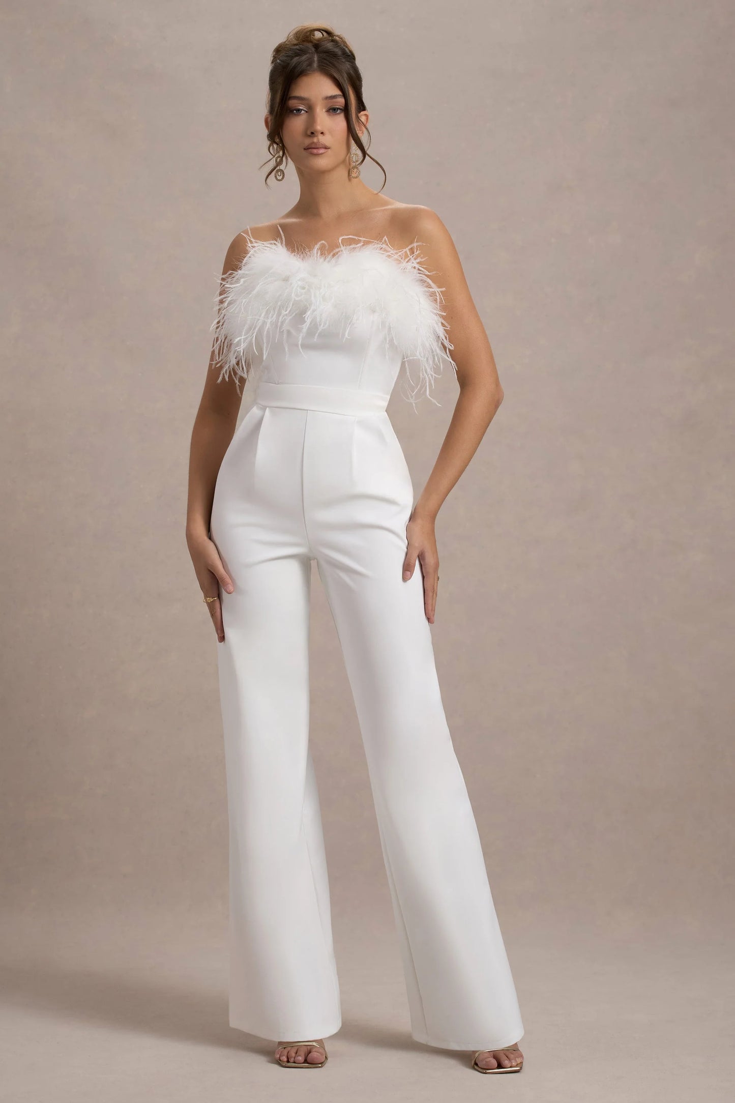 First Class | White Bandeau Feather Wide Leg Jumpsuit