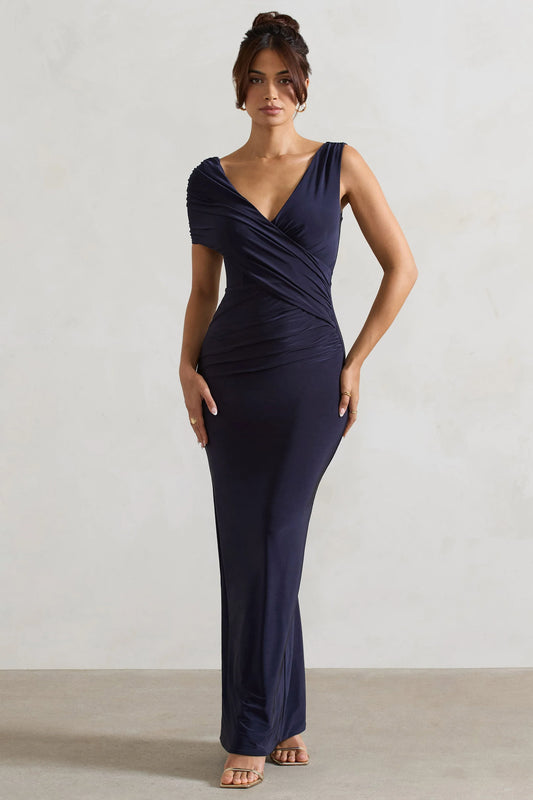 Capella | Navy Asymmetric Wrap Maxi Dress