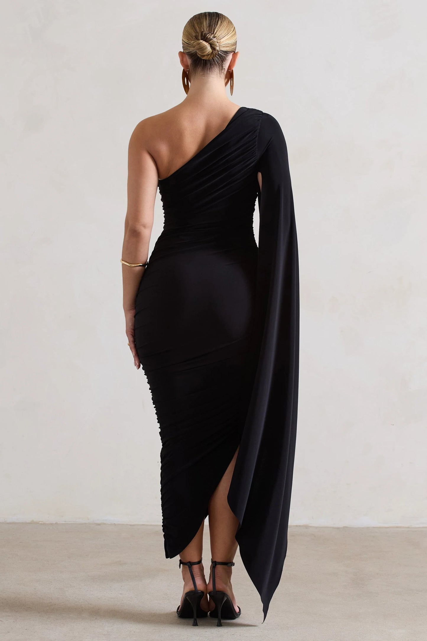 Halsey | Black Ruched One Shoulder Cape Sleeve Asymmetric Midi Dress