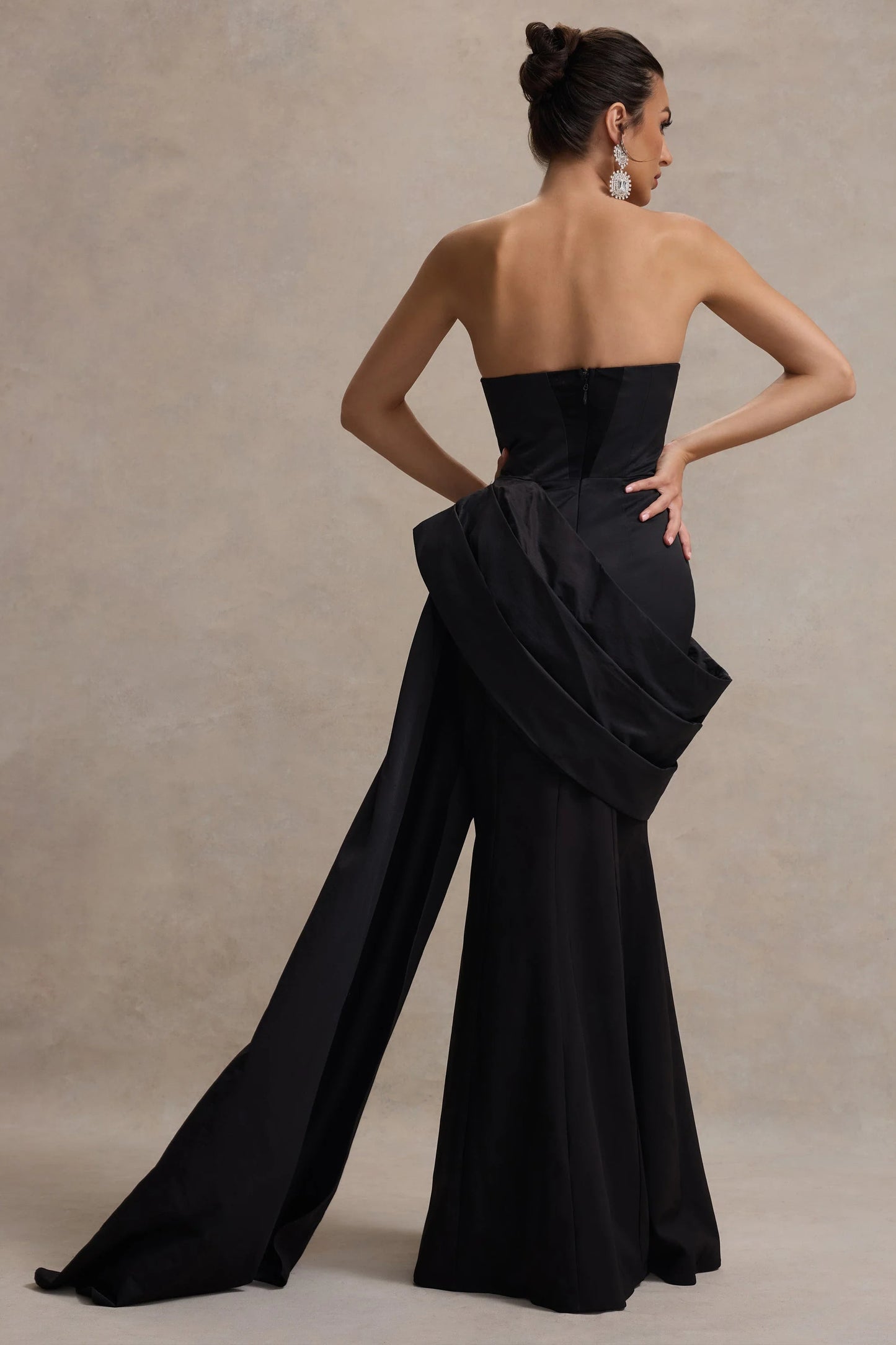 Fallen | Black Strapless Corset Maxi Dress With Drape