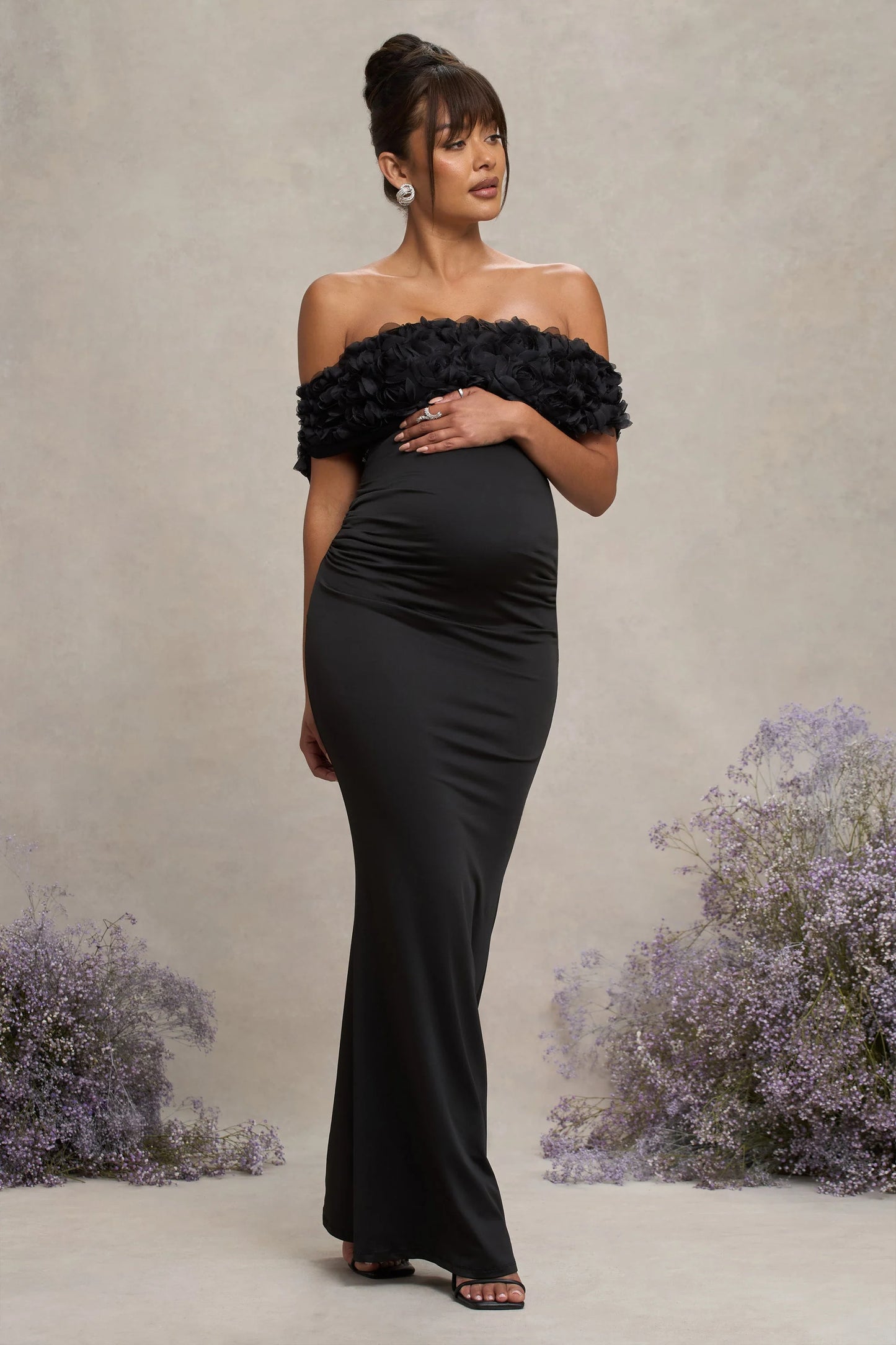 Inflorescence | Black Mesh Floral Bardot Maternity Maxi Dress