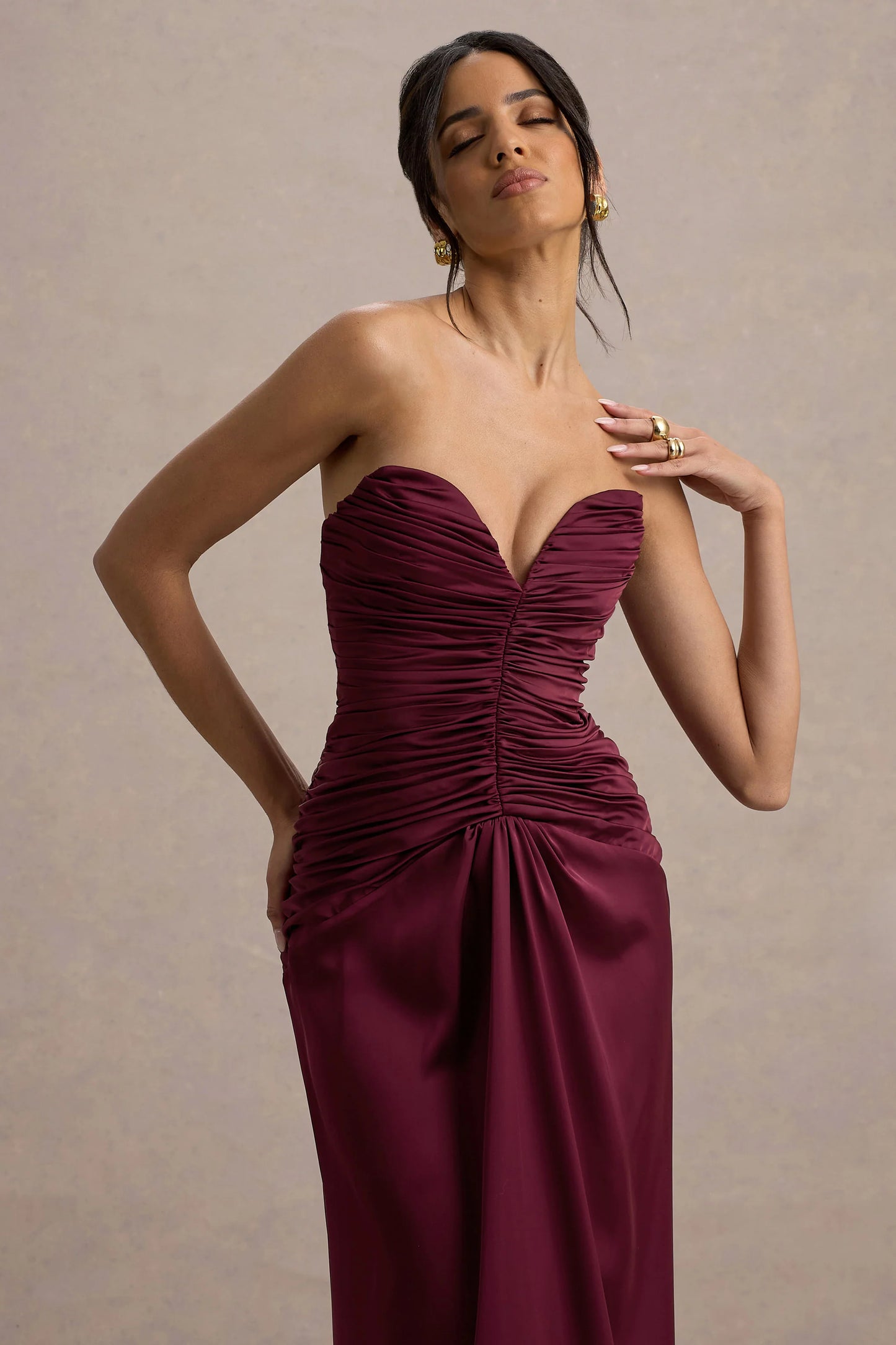 Desirie | Plum Satin Sweetheart Gathered Maxi Dress