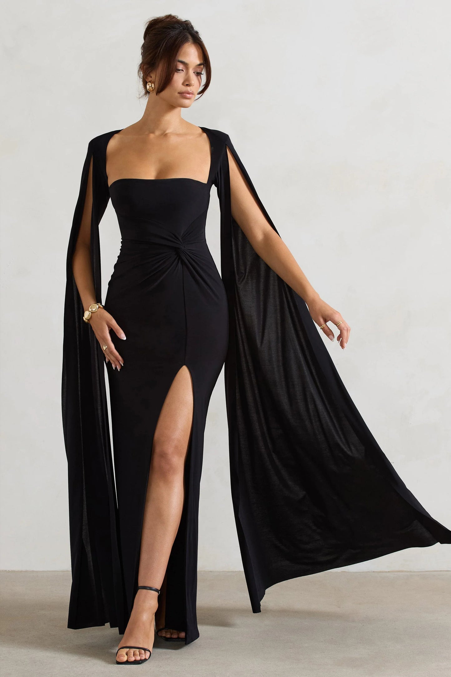 Claretta | Black Square Neck Twisted Maxi Dress With Cape Sleeves