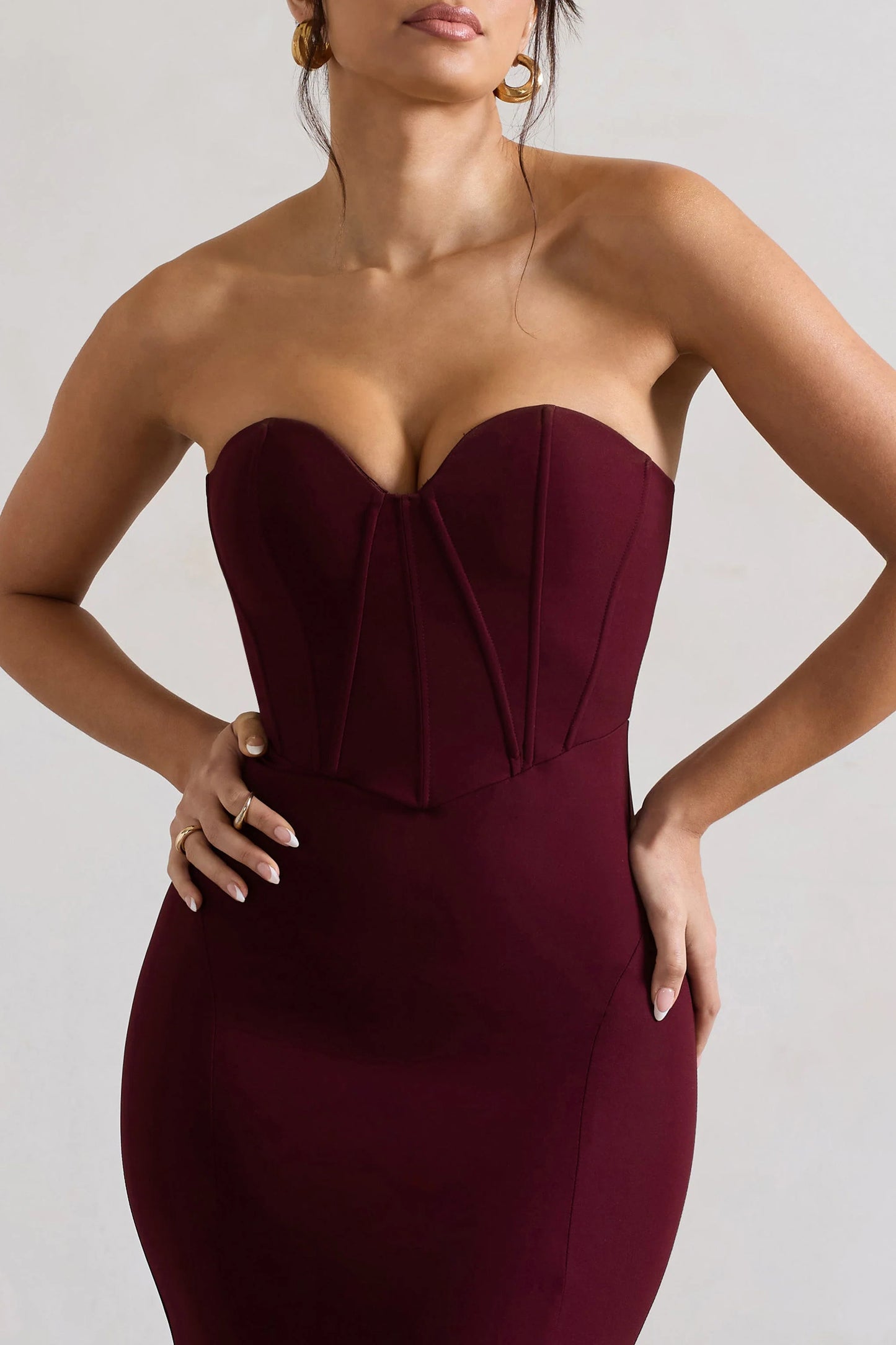 Idyllic | Burgundy Strapless Corset Style Fishtail Maxi Dress