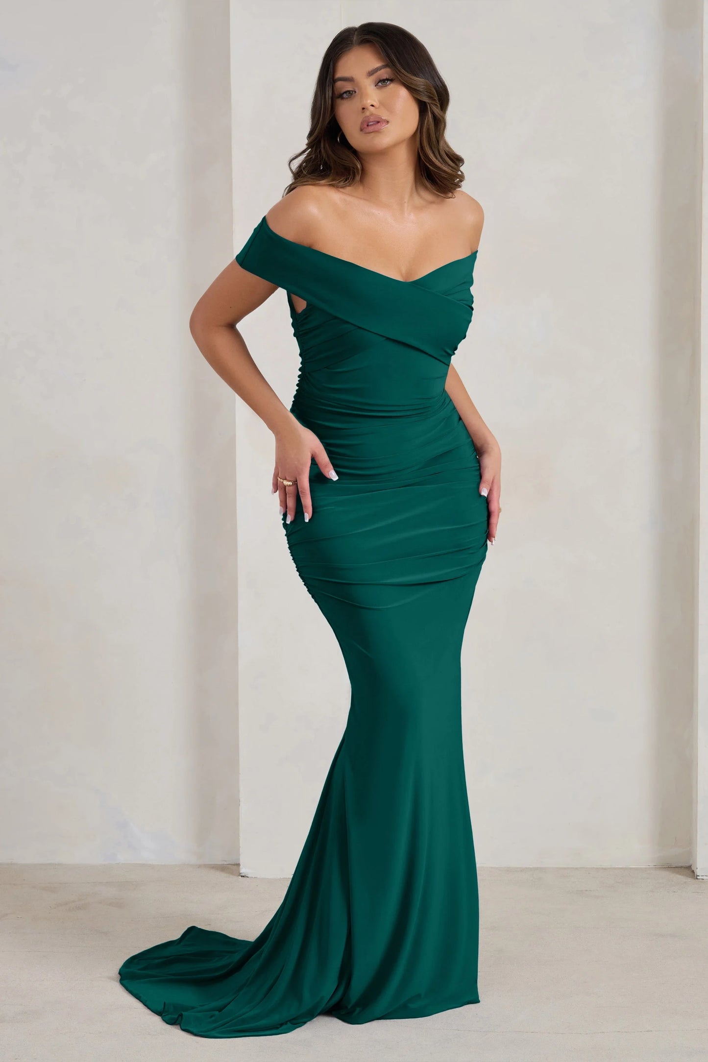 Apolline | Bottle Green Off The Shoulder Ruched Fishtail Maxi Dress