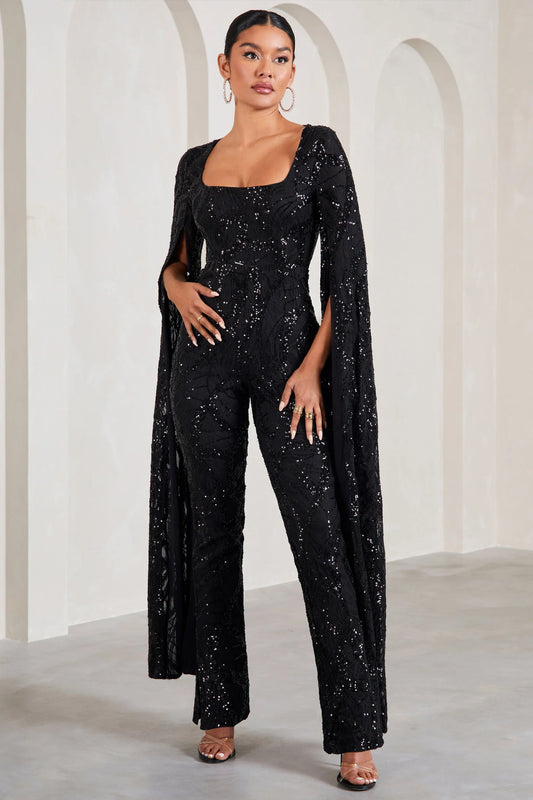 Cher | Black Sequin Lace Square-Neck Jumpsuit With Cape Sleeves