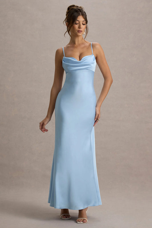 Eimear | Powder Blue Satin Draped Sweetheart Maxi Dress