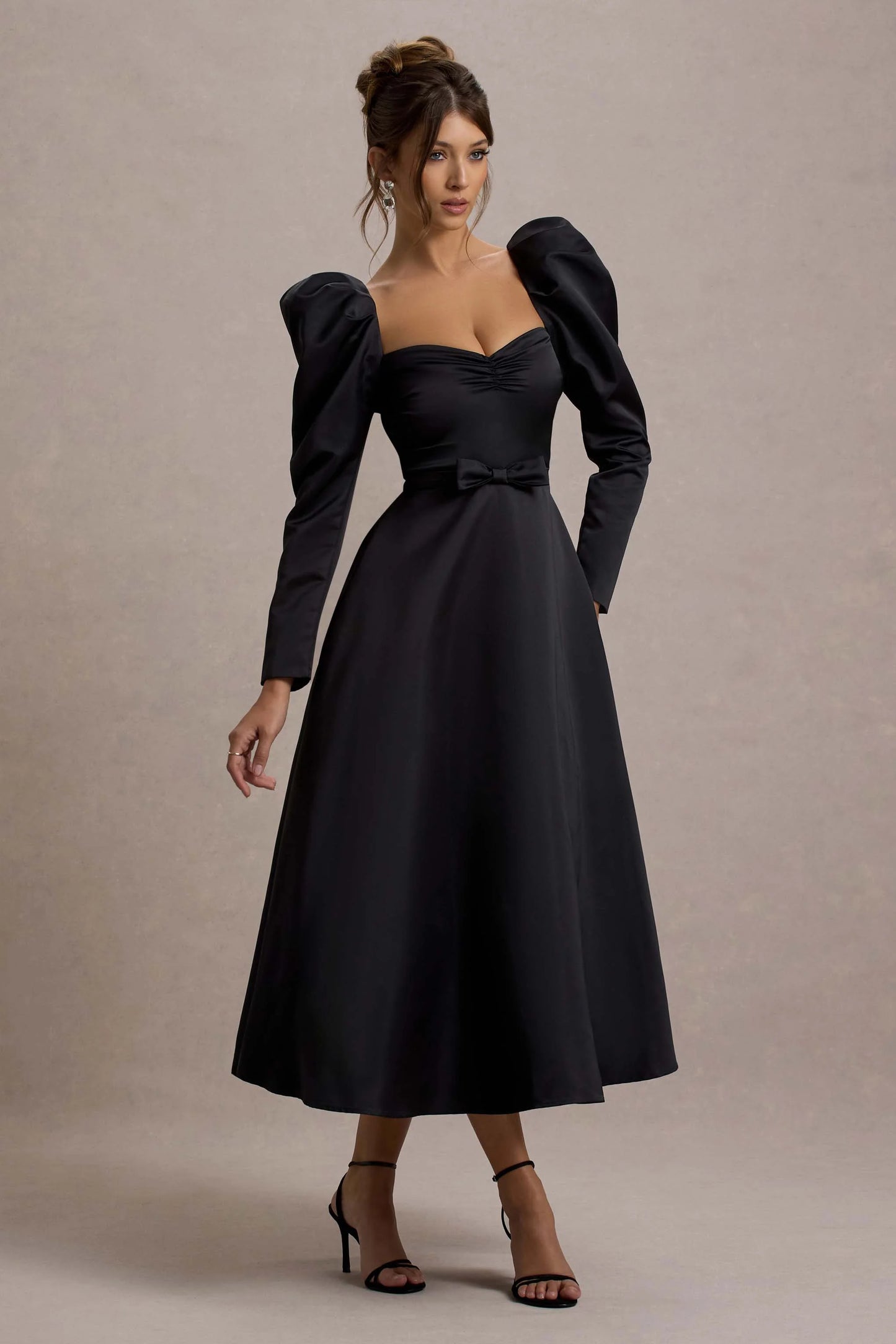 Kansas | Black Square-Neck Puff-Sleeve Belted Midi Dress