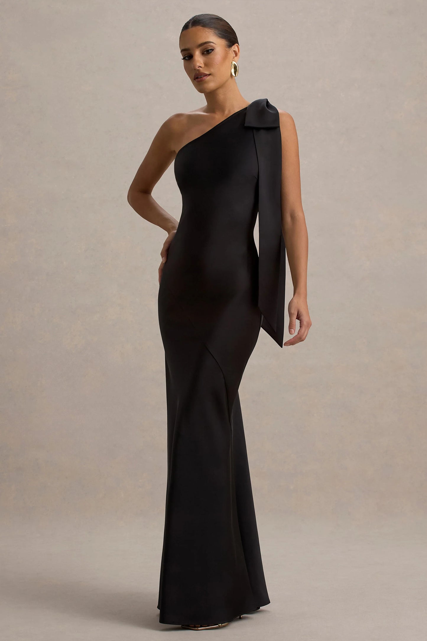 Here For Love | Black Satin Asymmetric Maxi Dress With Bow