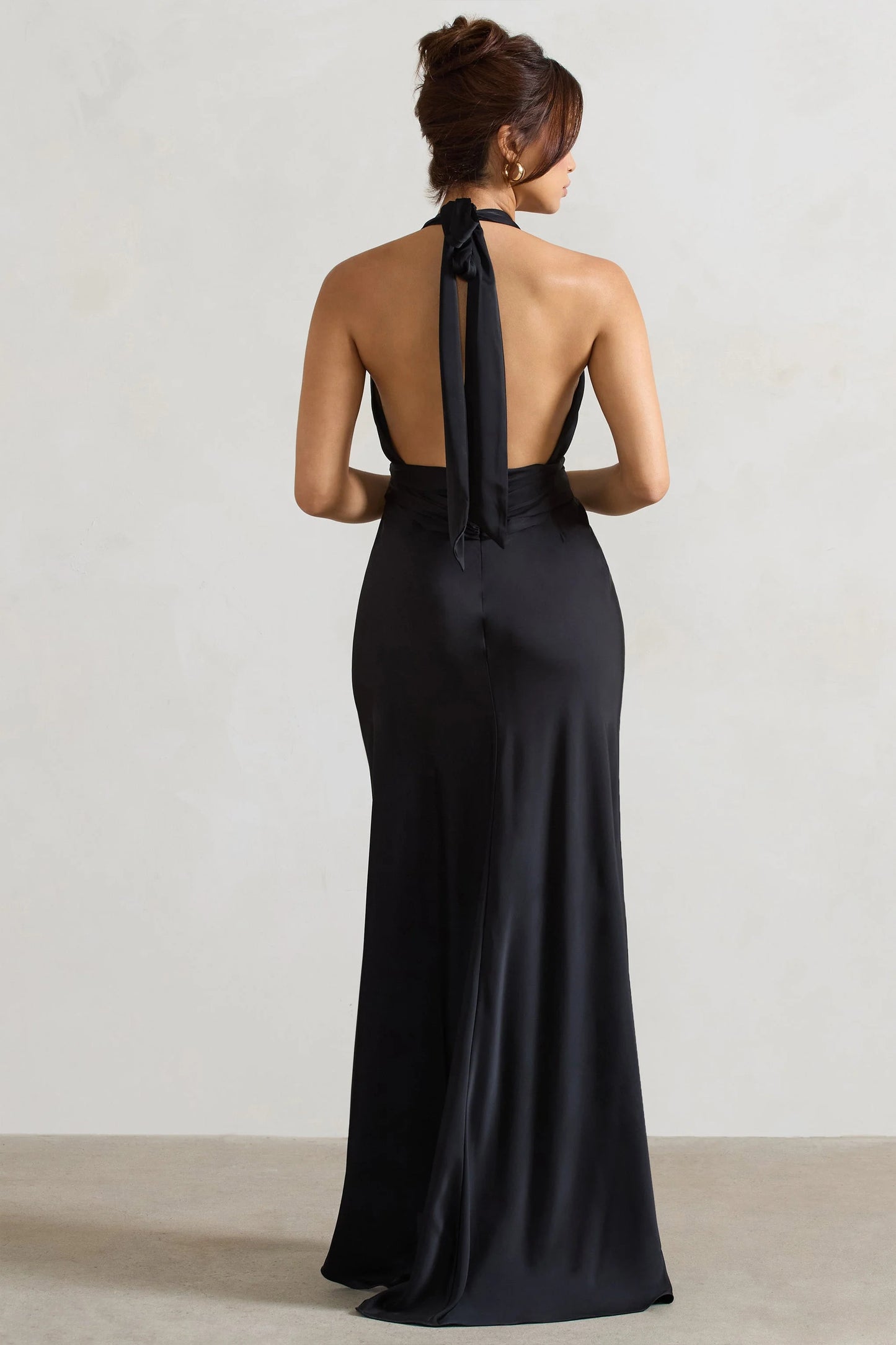 Carolyn | Black Satin Plunge Maxi Dress With Dipped Hem