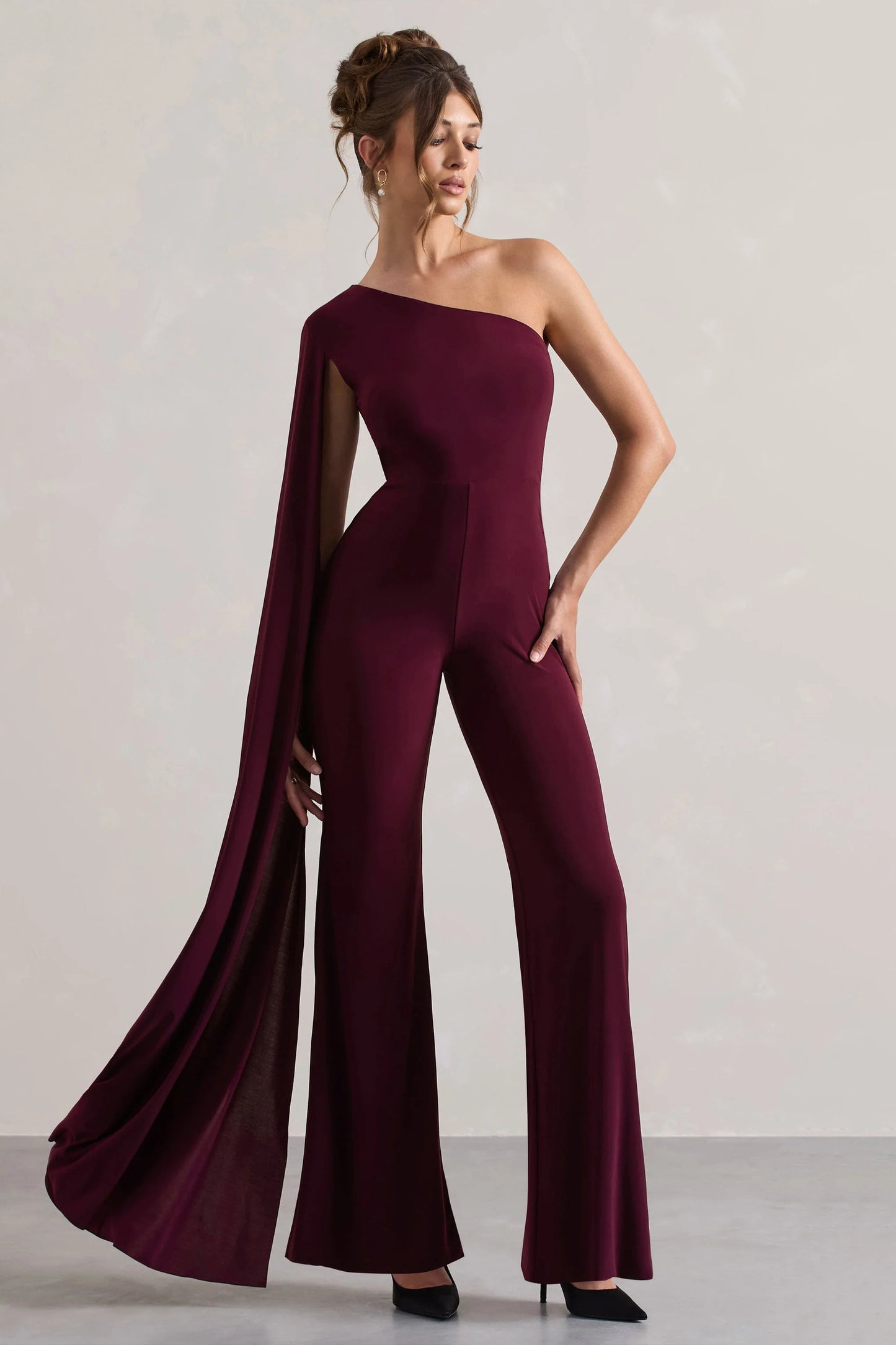 Julie | Plum Asymmetric Flared-Leg Jumpsuit With Cape Sleeve