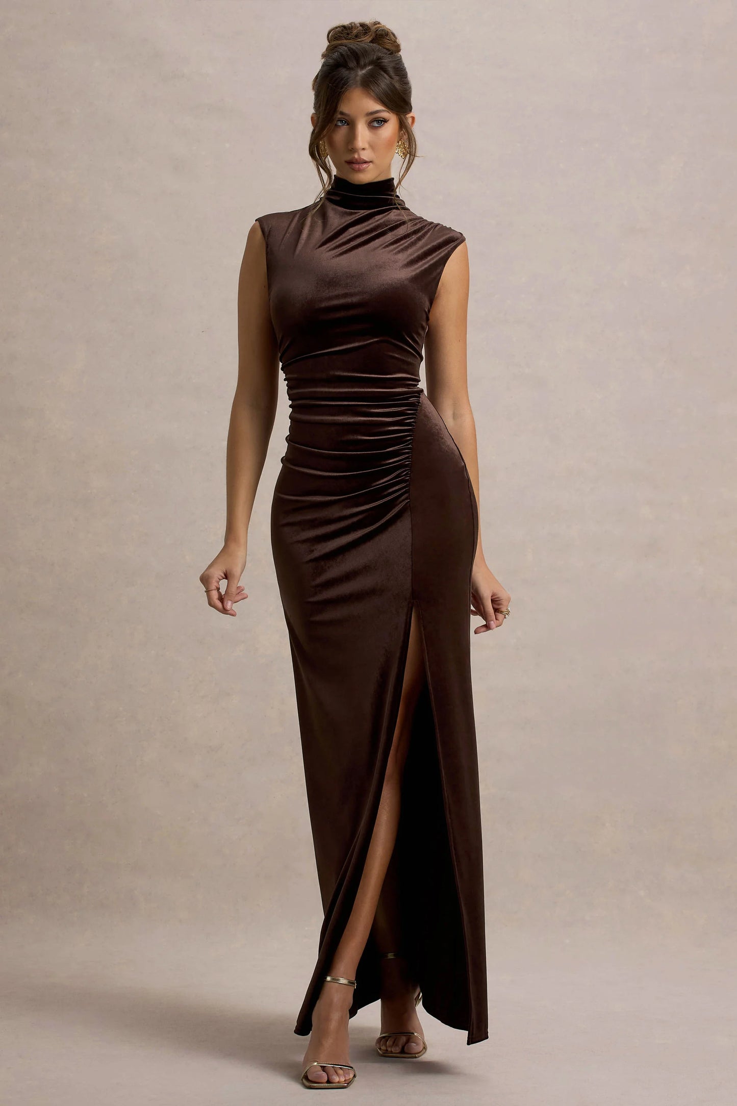 Abilene | Chocolate Velvet High-Neck Split Maxi Dress