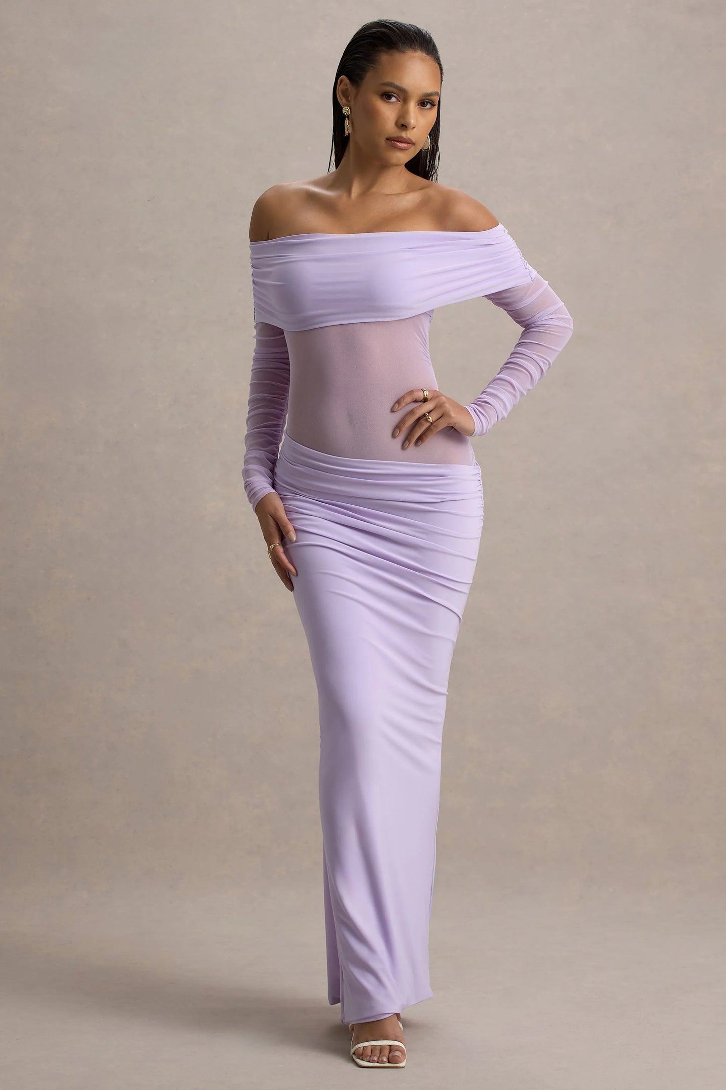 Belamour | Lavender Semi-Sheer Bardot Gathered Maxi Dress