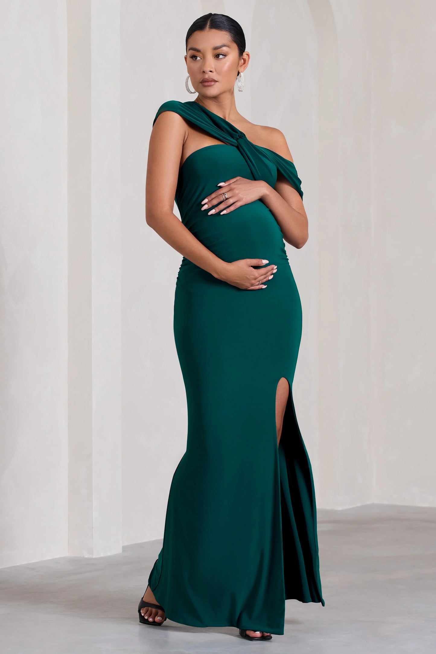 Kara | Bottle Green Asymmetric Twisted Bardot Split Maternity Maxi Dress