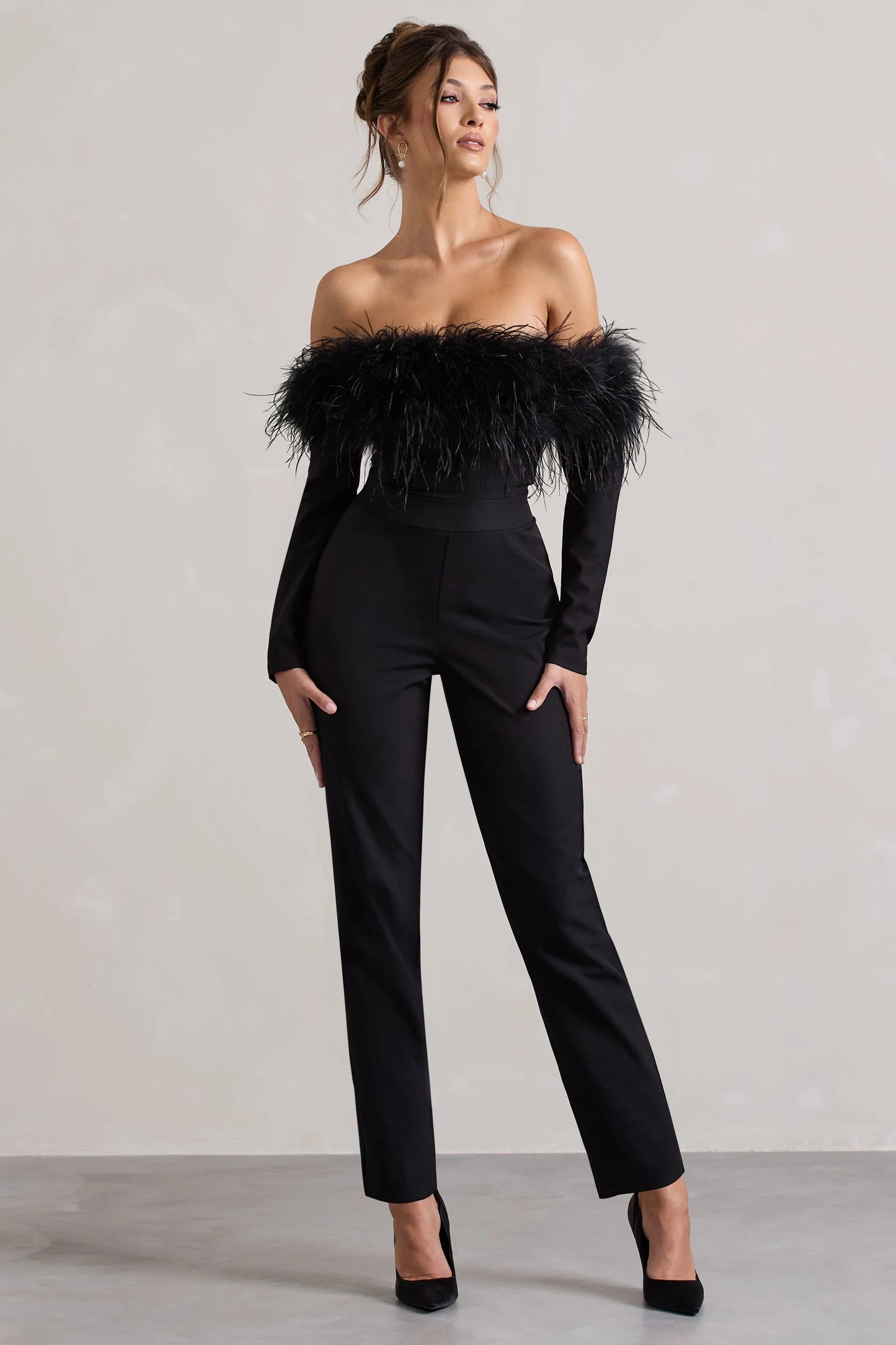 Ales | Black Bardot Tailored Straight-Leg Jumpsuit With Feather Trim