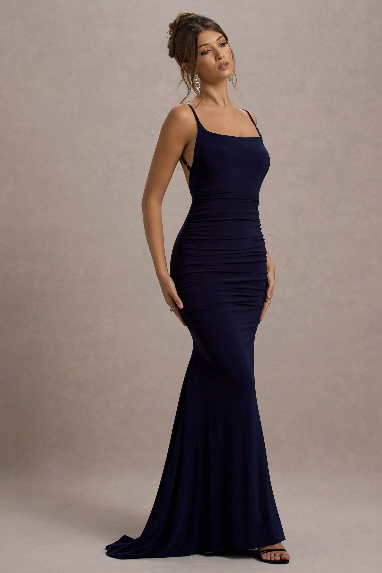 Adele | Navy Backless Ruched Fishtail Cami Maxi Dress