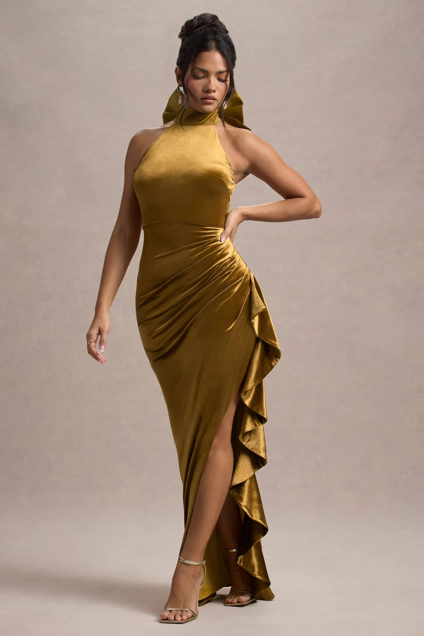 Janiya | Mustard Velvet High-Neck Ruffled Split Maxi Dress