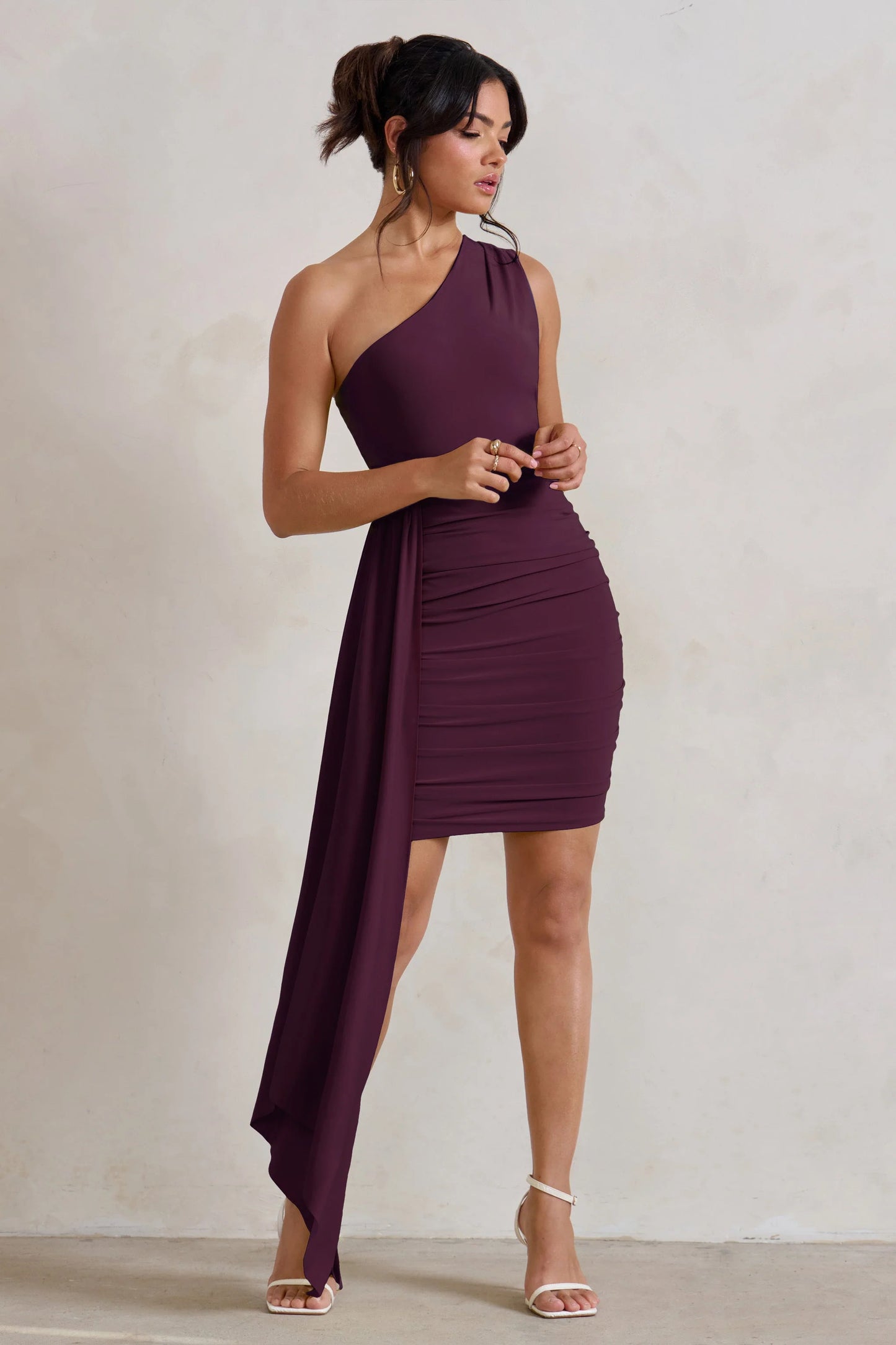 Charlie | Plum One Shoulder Ruched Mini Dress With Statement Drape