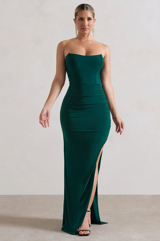 Eletta | Bottle Green Ruched Bandeau Asymmetric Maxi Dress