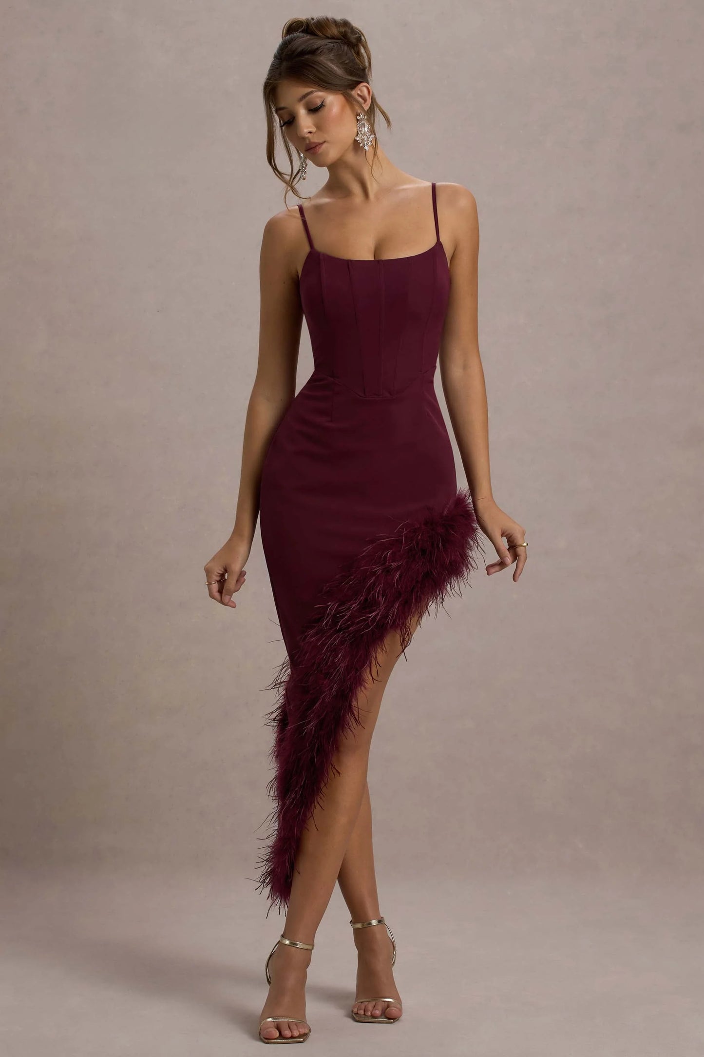 High Status | Burgundy Strappy Corset Asymmetric Maxi Dress With Feather Trim