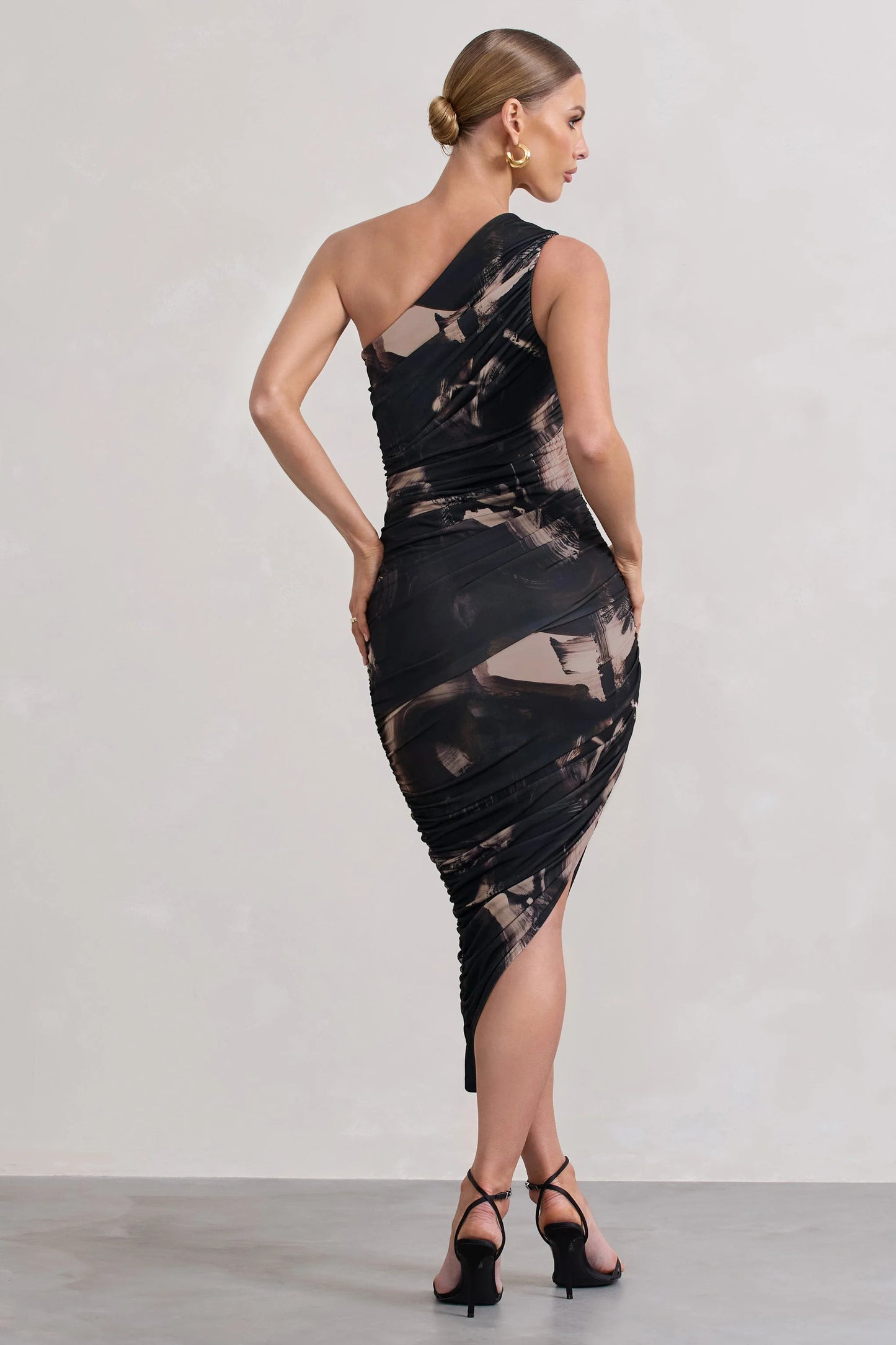 Dorit | Brown Print One Shoulder Asymmetric Ruched Midi Dress