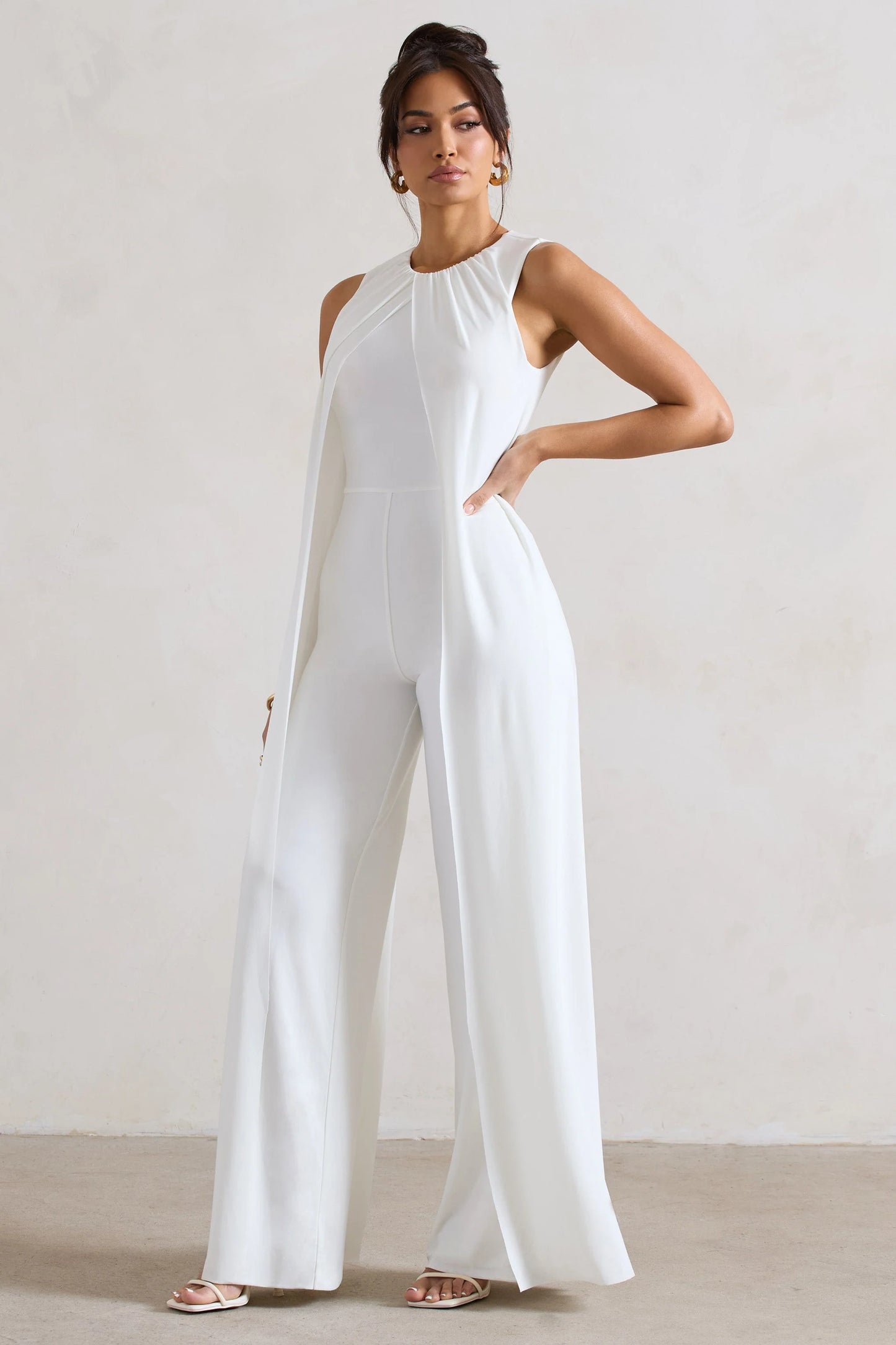 Essence | White High-Neck Wide-Leg Jumpsuit With Cape