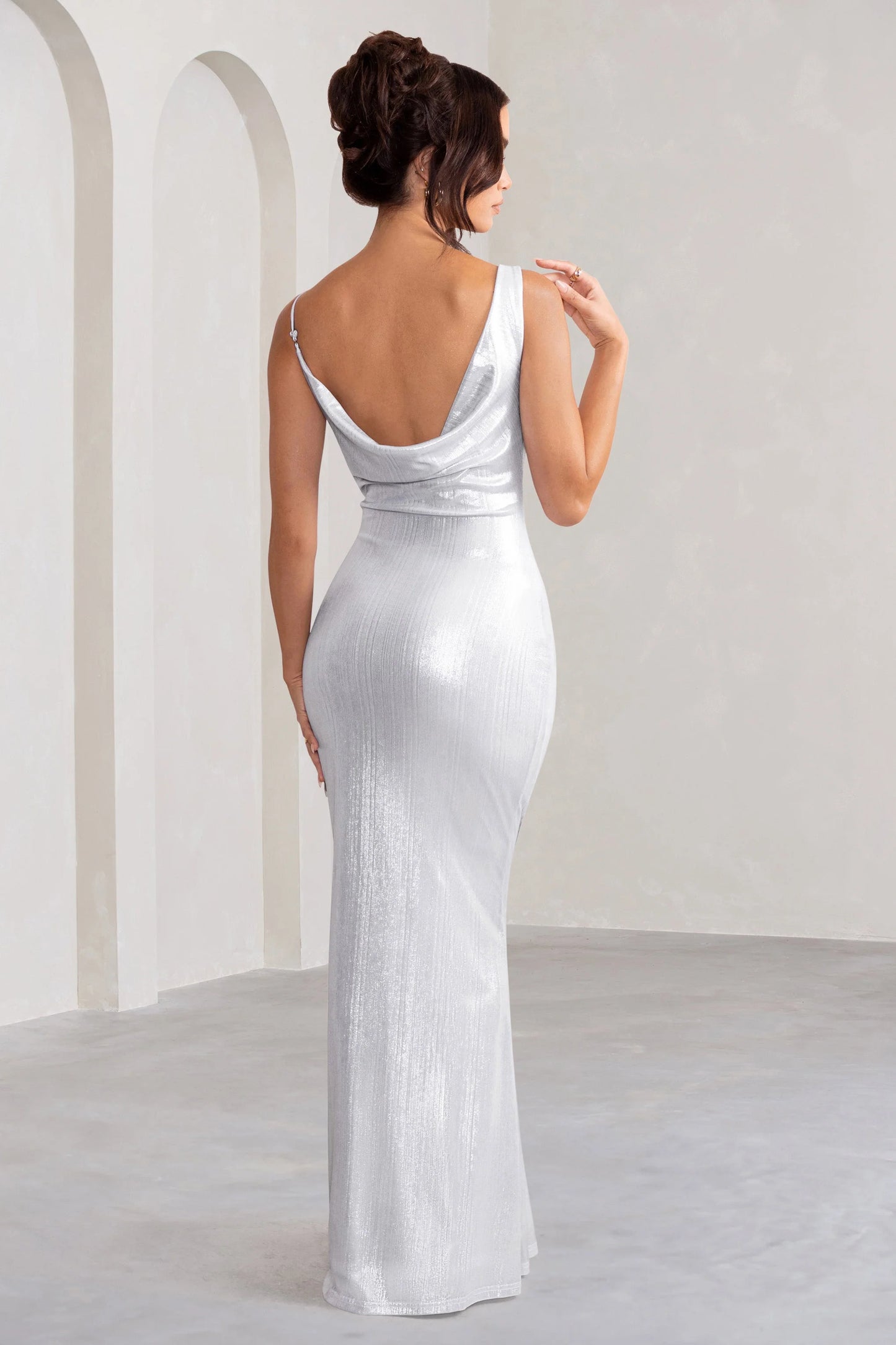 Galaxy Shimmer | Silver Bias Cut Cowl Front Maxi Dress